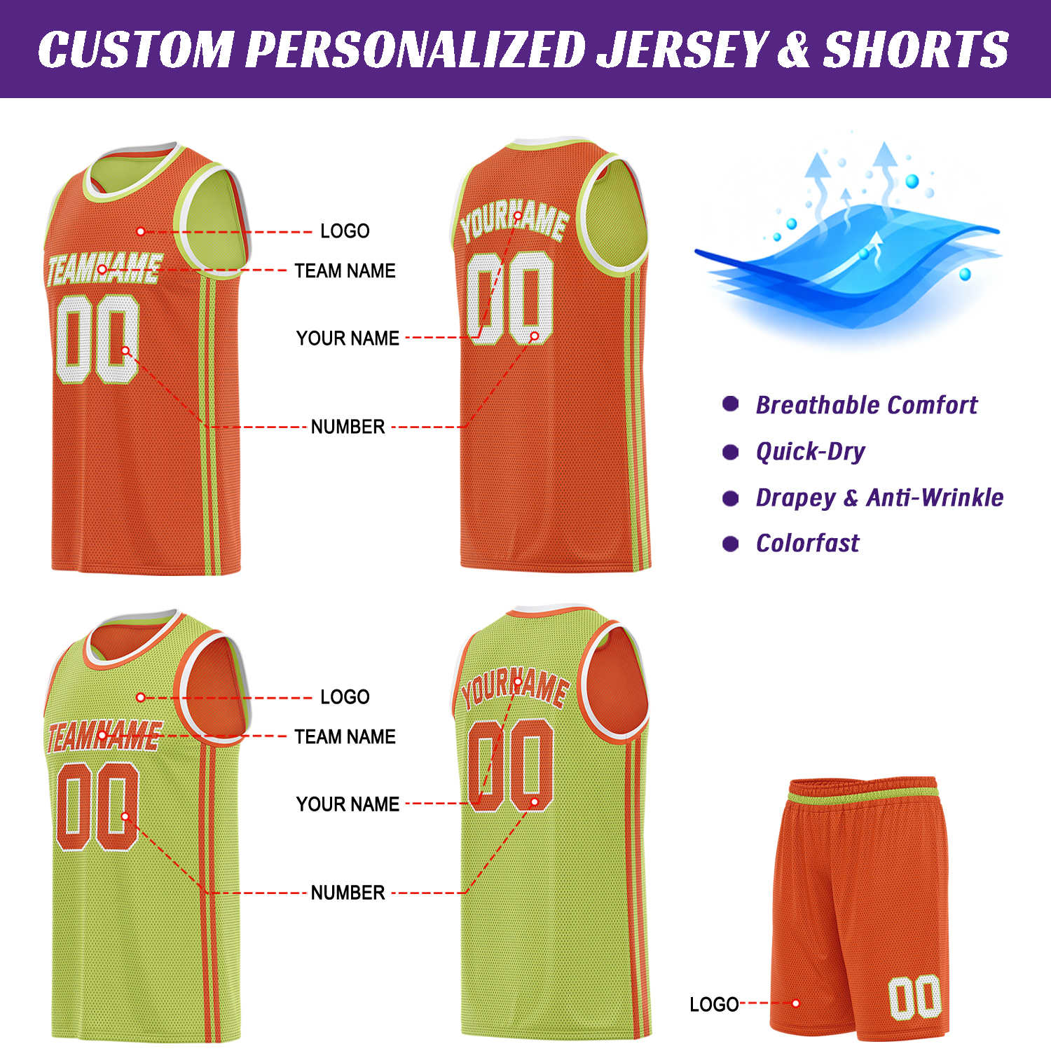Custom Reversible Orange & Lime Basketball Uniform | Jersey & Shorts Set - Vosoli