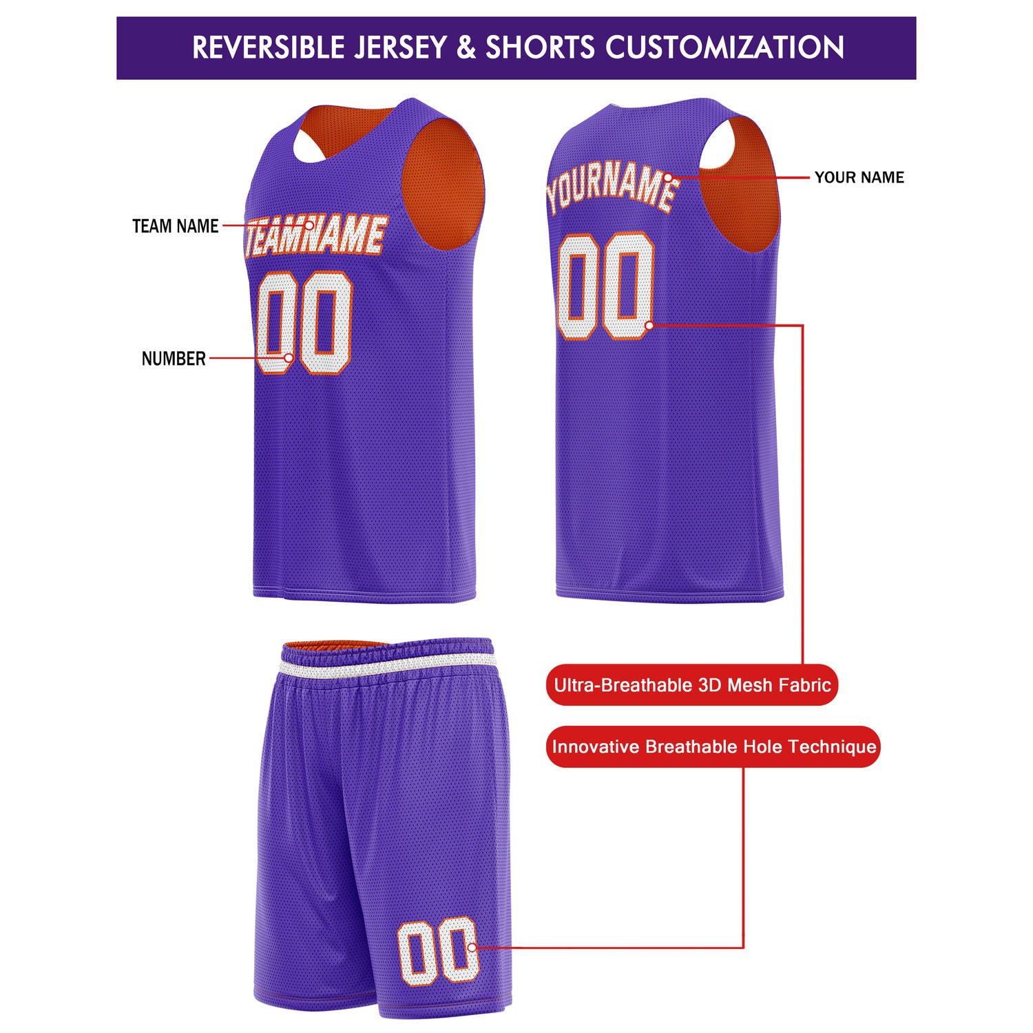 Custom Reversible Orange Purple Basketball Jersey & Shorts Set | Personalized Team Kit | Vosoli