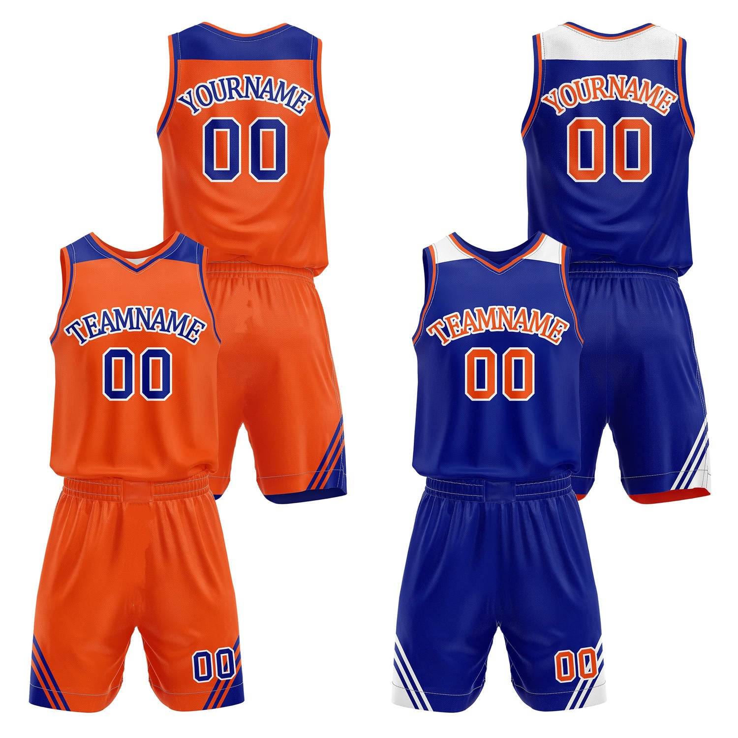 Custom reversible orange & blue basketball uniform set, personalized with team name number and logo, breathable mesh fabric for men women youth game practice - Vosoli