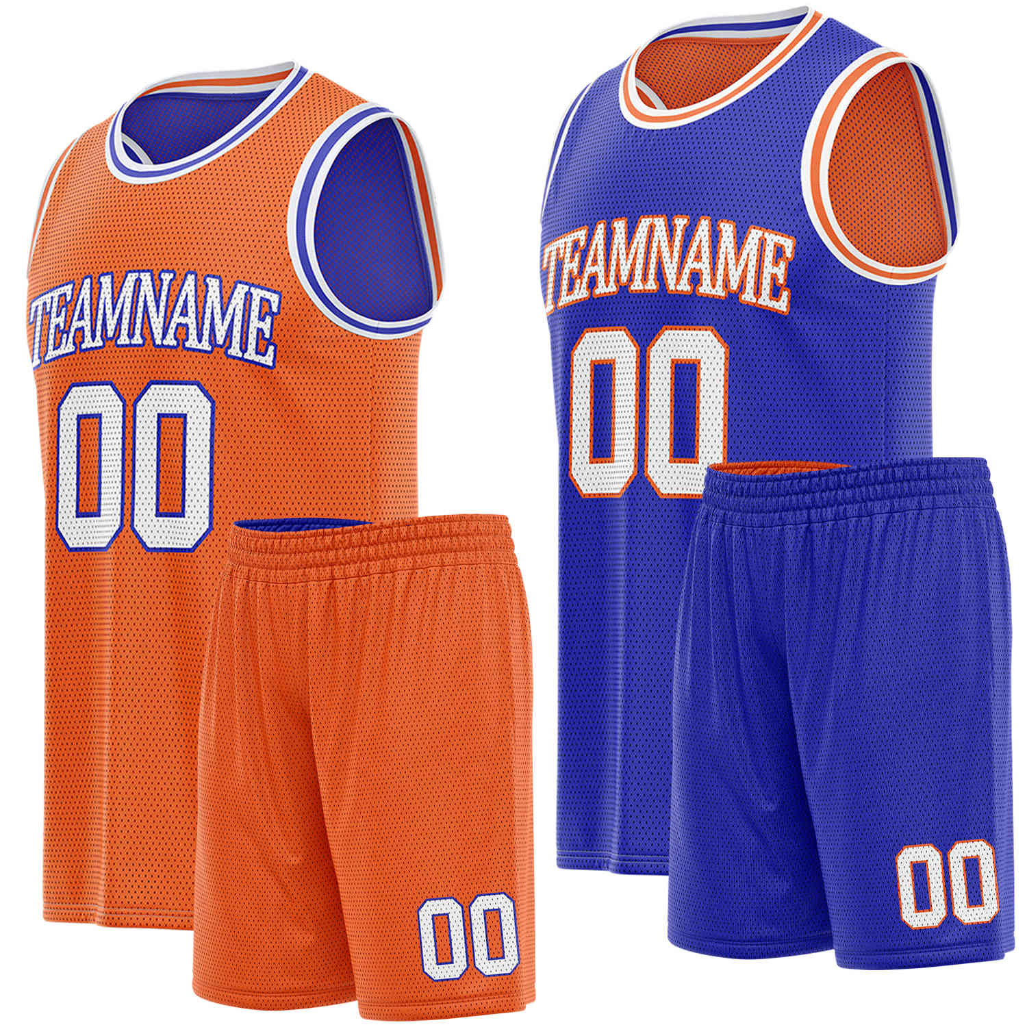 Custom reversible orange & blue basketball uniform set, personalized team name number logo breathable mesh sports jersey and shorts for men women youth game practice - Vosoli