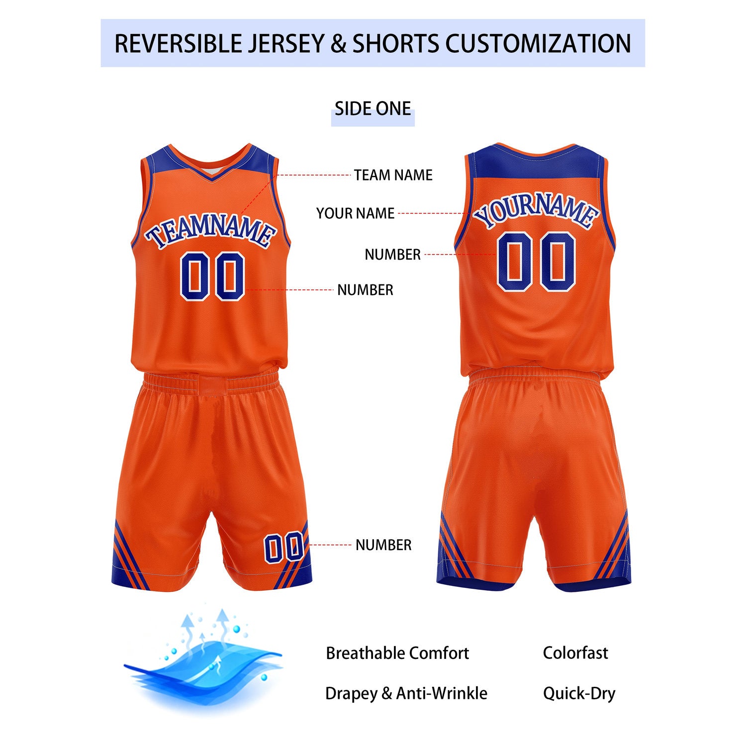Custom Reversible Orange Royal Blue Basketball Uniform Set | Team Name & Number - Vosoli