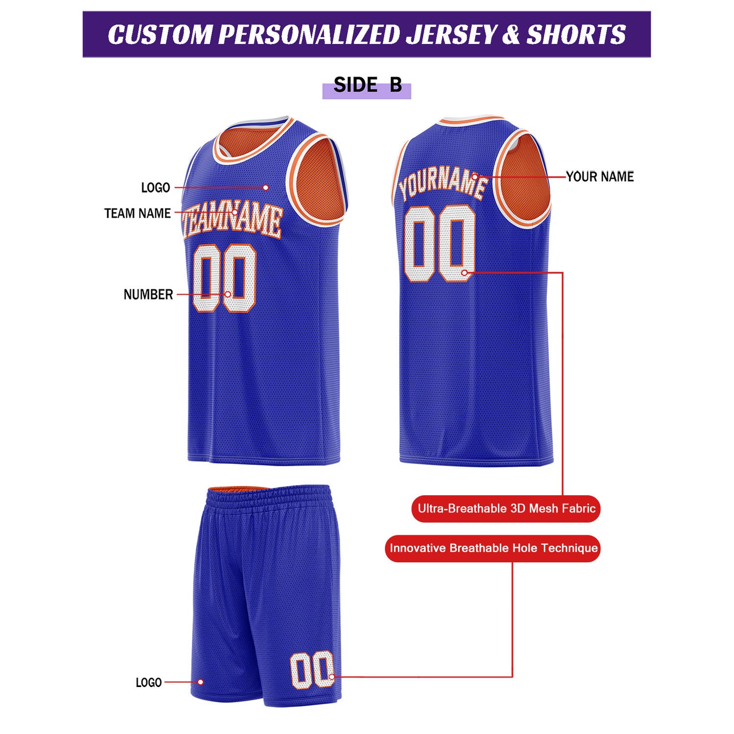 Custom Reversible Orange & Royal Blue Basketball Uniform Set | Personalized for Team Sports Practice - Vosoli