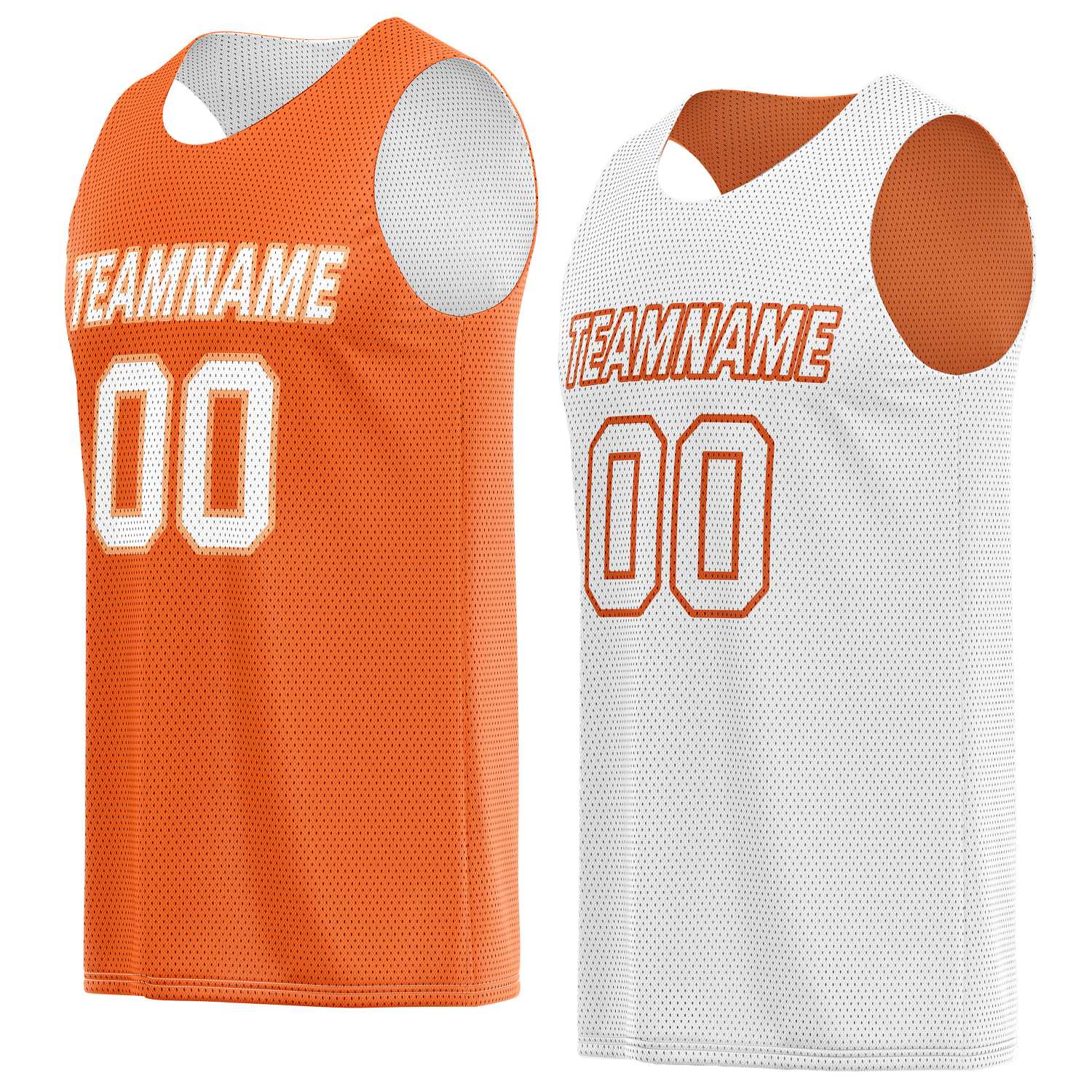Custom reversible orange & white basketball jersey, personalized team name number logo breathable mesh sports top for men women youth game practice wear - Vosoli
