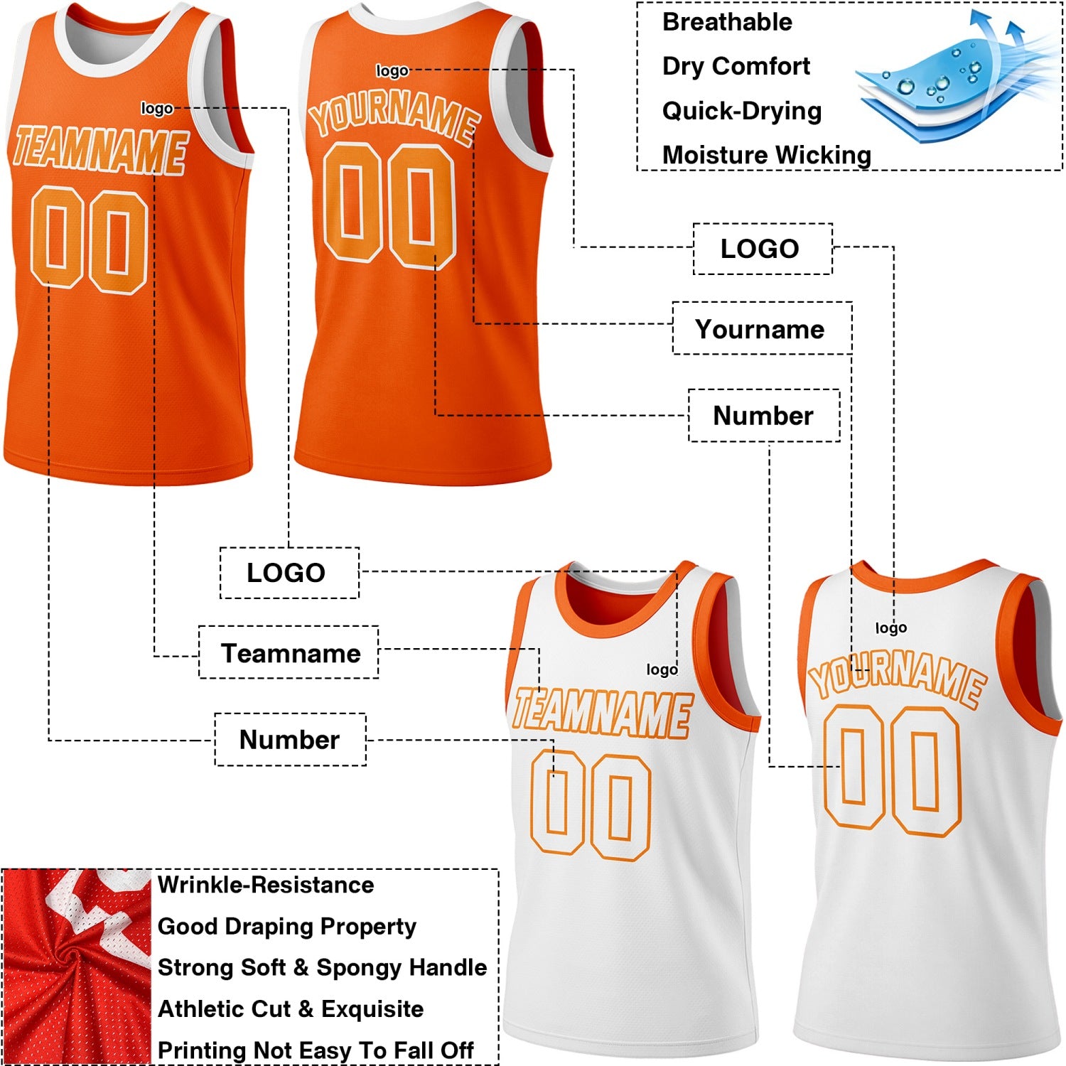 Custom Reversible Orange & White Basketball Jersey | Personalized Team Jersey | Vosoli