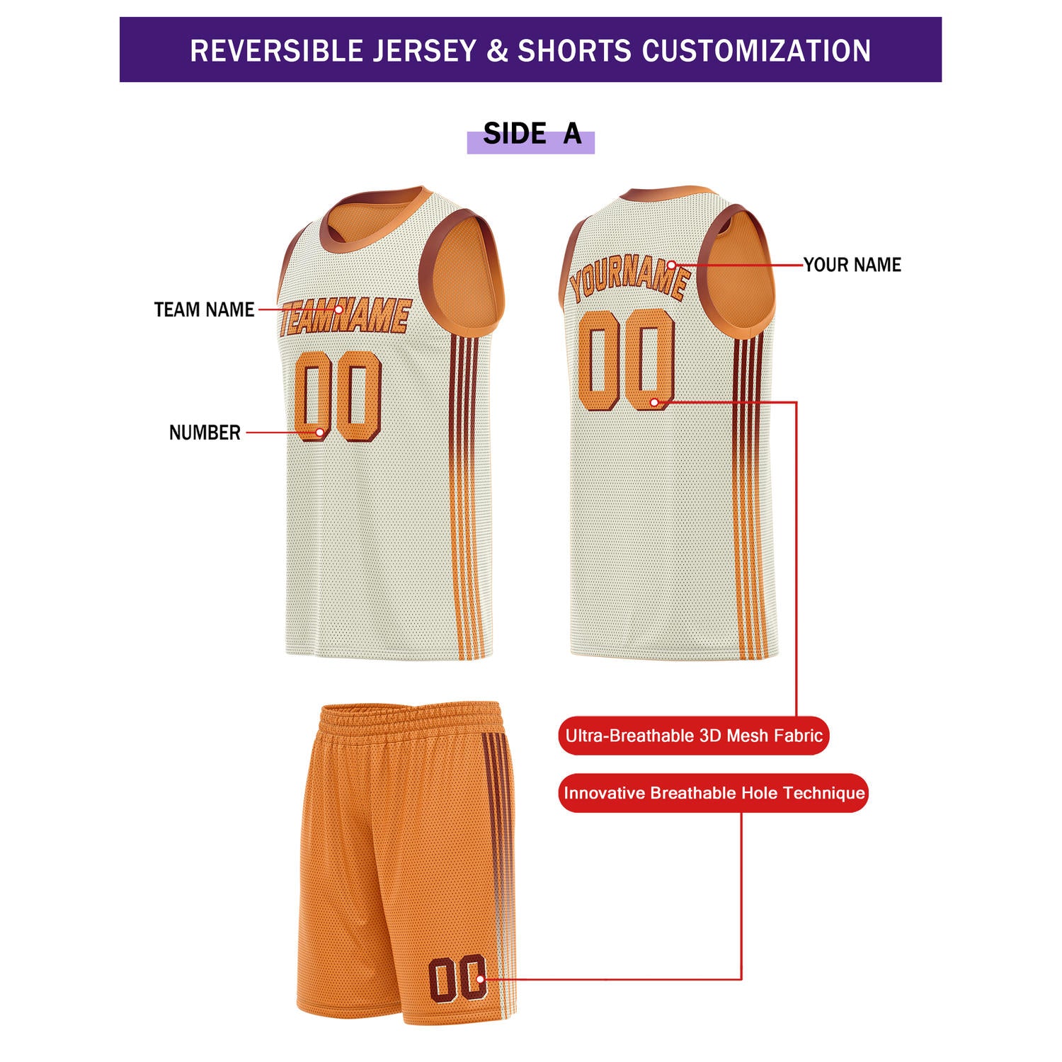 Custom Reversible Orange Basketball Uniform Set | Team & Player Name - Vosoli