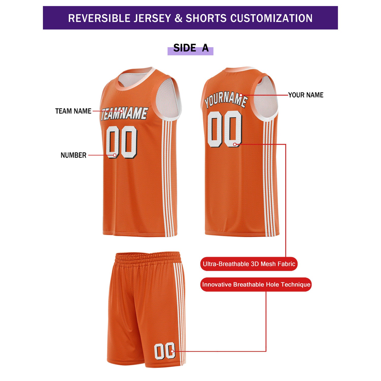 Custom Reversible Orange White Basketball Uniform Set | Team & Player Name - Vosoli