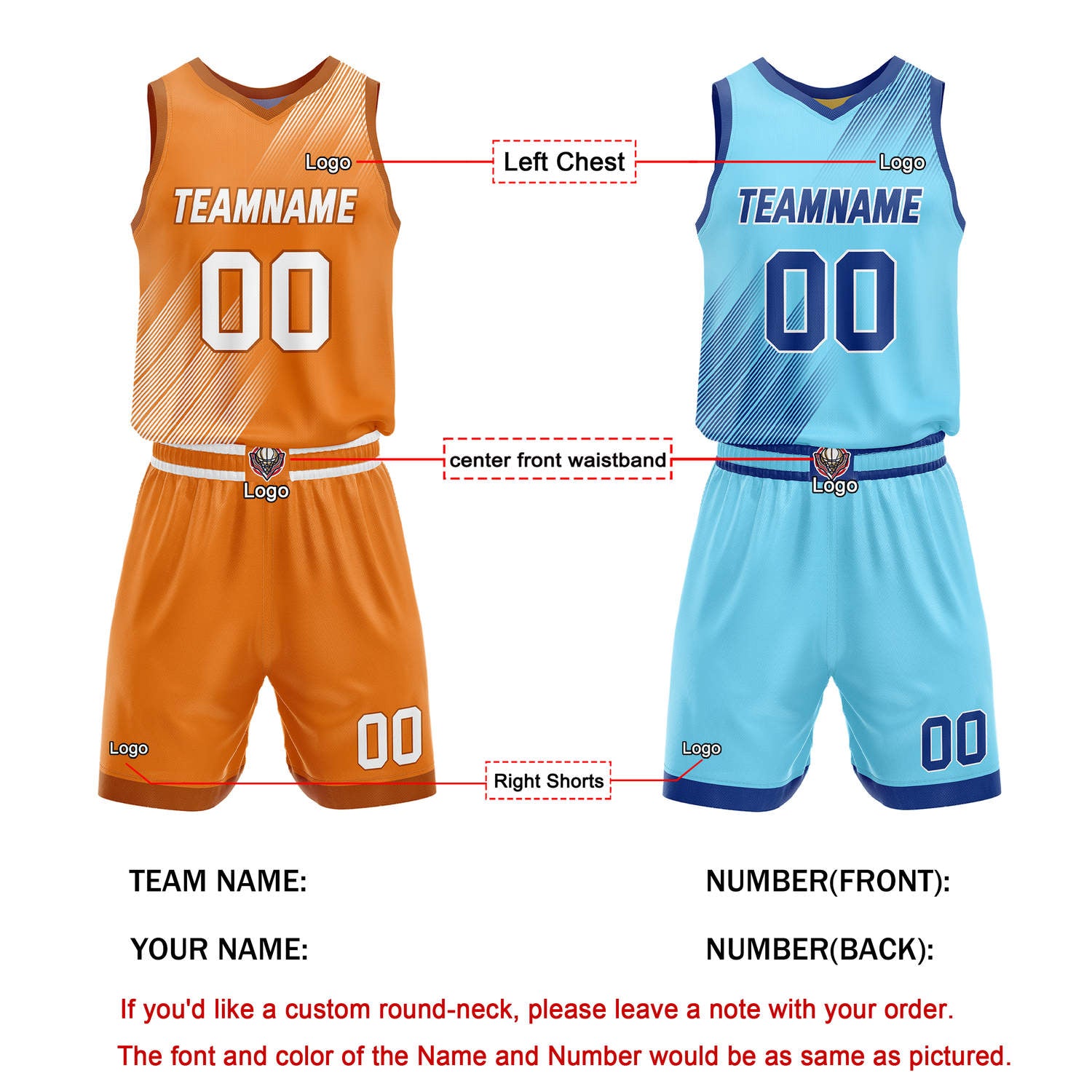 Custom Reversible Basketball Jersey + Shorts Set (Orange-White & Light Blue-Navy Line Pattern) - Personalized Team Name, Number & LOGO | Vosoli