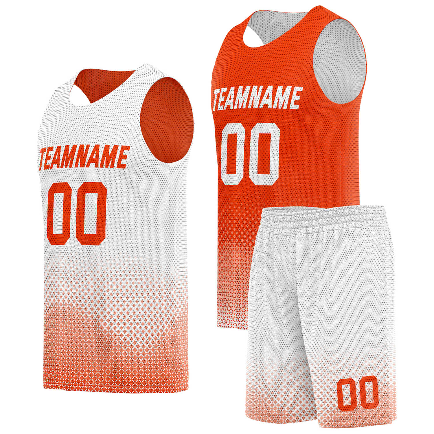 Custom reversible orange white basketball uniform, personalized team name number logo breathable Mesh sports set for men women youth game practice wear - Vosoli