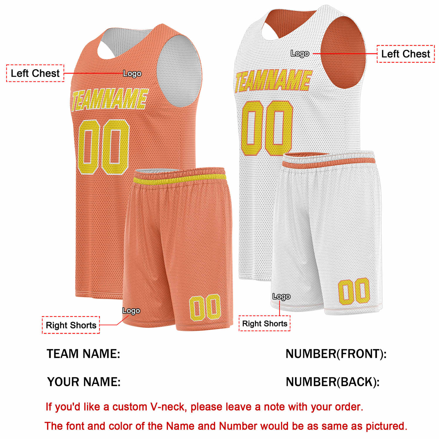 Custom Reversible Orange White Basketball Uniform Set | Team Name & Number - Vosoli
