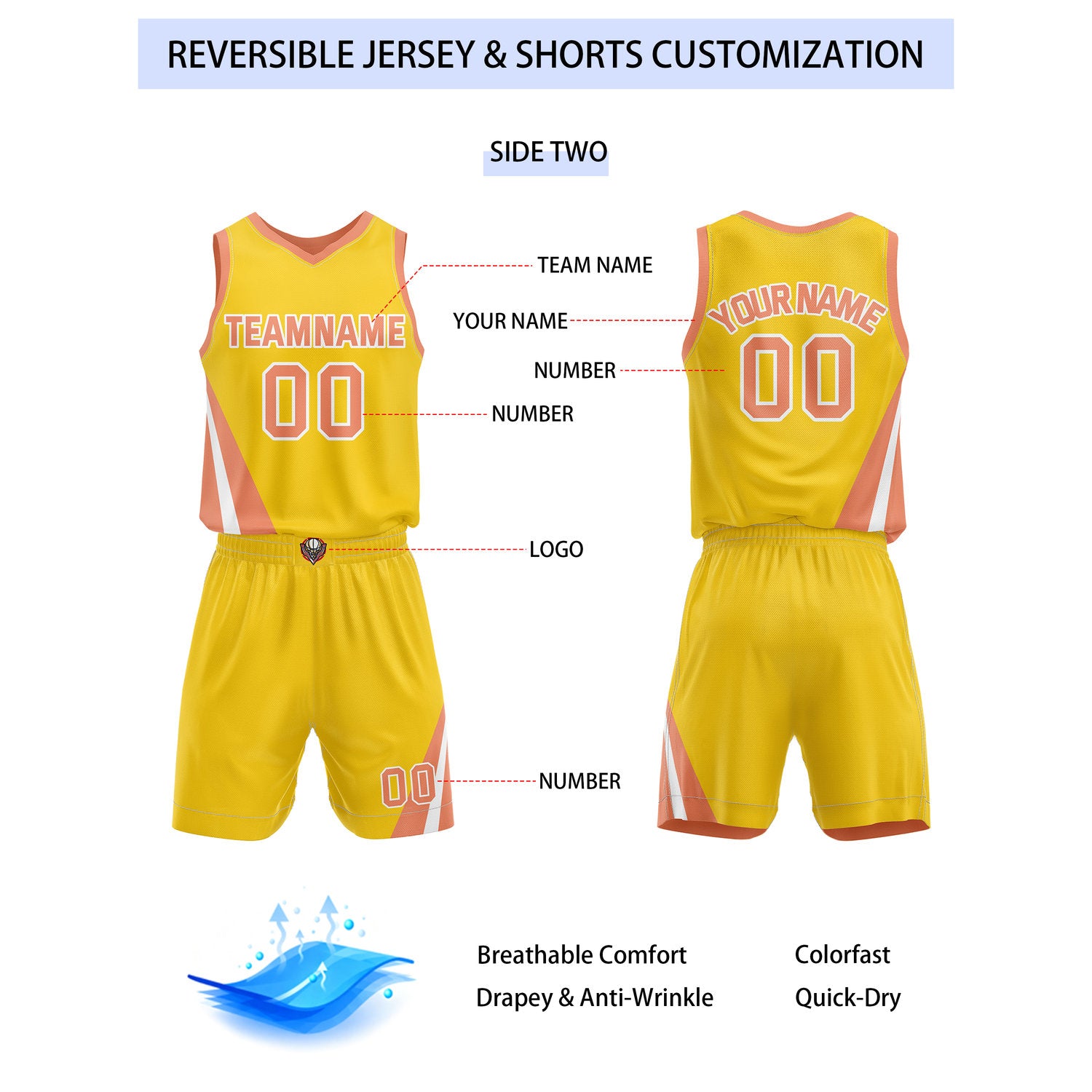 Custom Reversible Peach Yellow Basketball Uniform Set | Team & Player Name - Vosoli