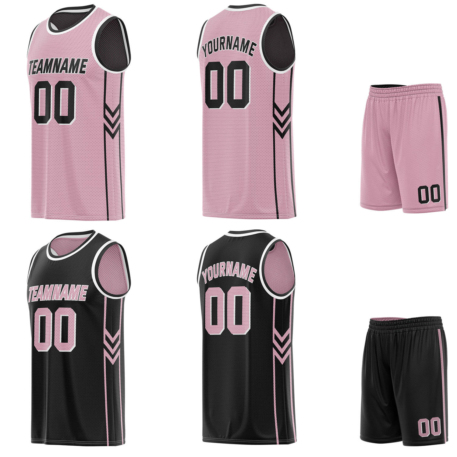 Custom reversible pink & black basketball uniform set, personalized with team name number and logo, breathable mesh fabric for men women youth game practice - Vosoli