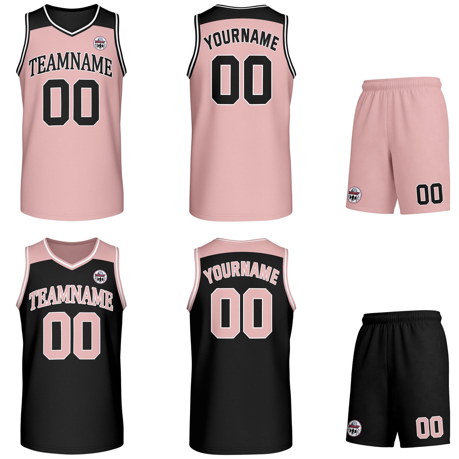 Custom reversible pink & black basketball uniform set, personalized with team name number and logo, breathable mesh fabric for men women youth game practice - Vosoli