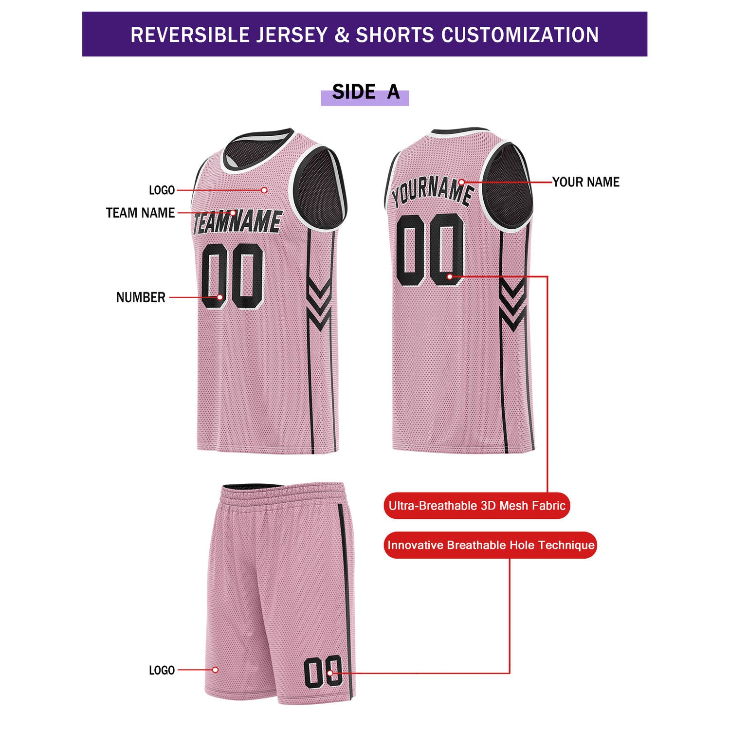 Custom Reversible Pink Black Basketball Uniform Set | Team Name & Number - Vosoli