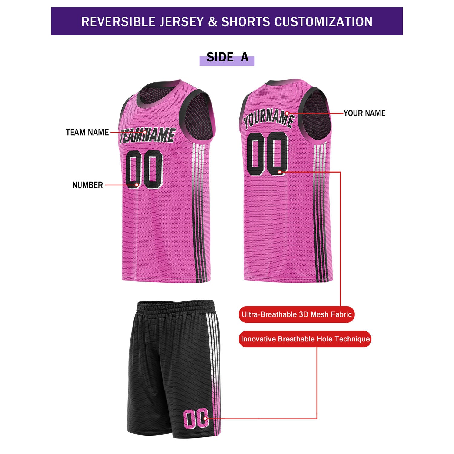 Custom Reversible Pink Black Basketball Uniform Set | Team & Player Name - Vosoli