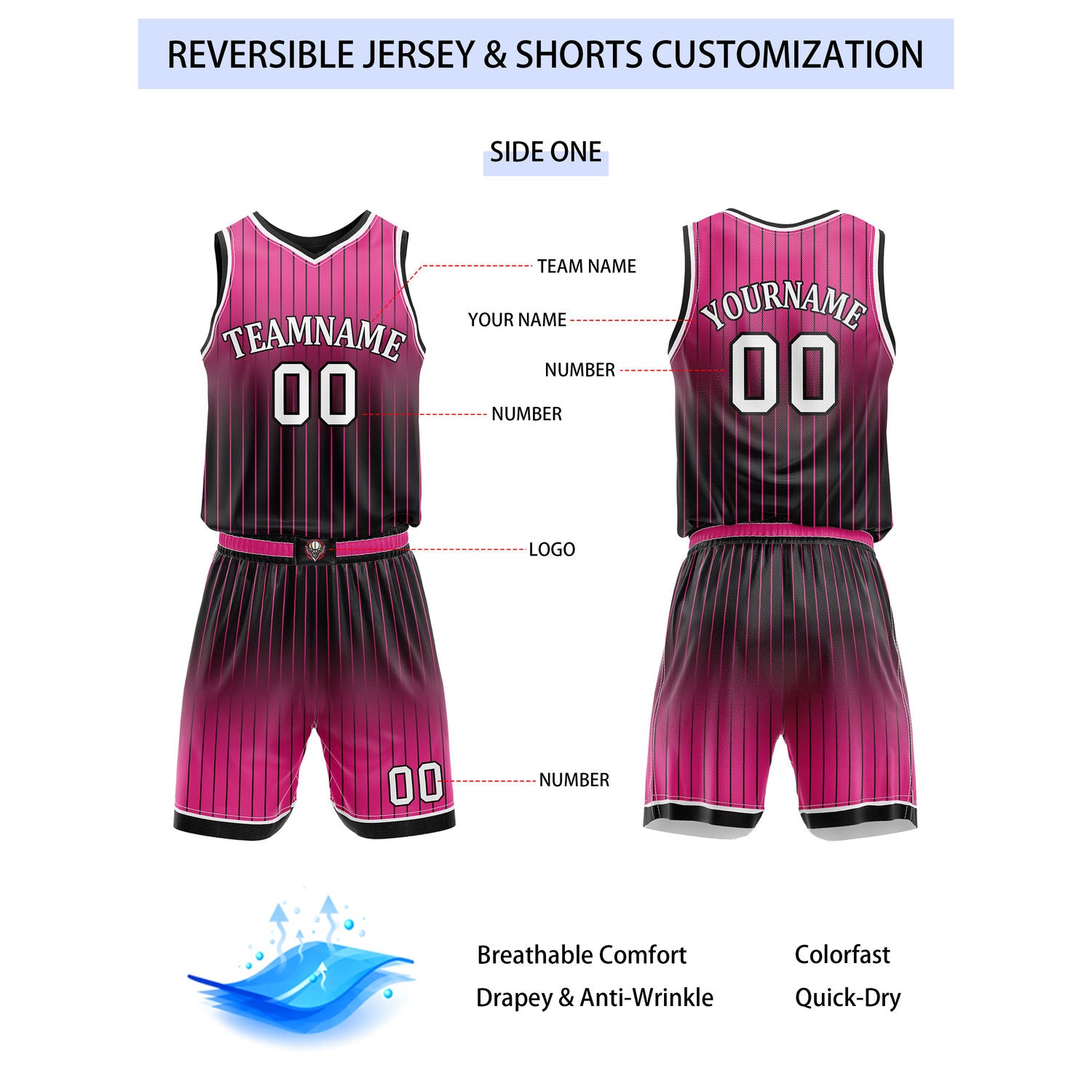 Custom Reversible Pink Black Gradient Striped Basketball Uniform Set | Team & Player Name - Vosoli