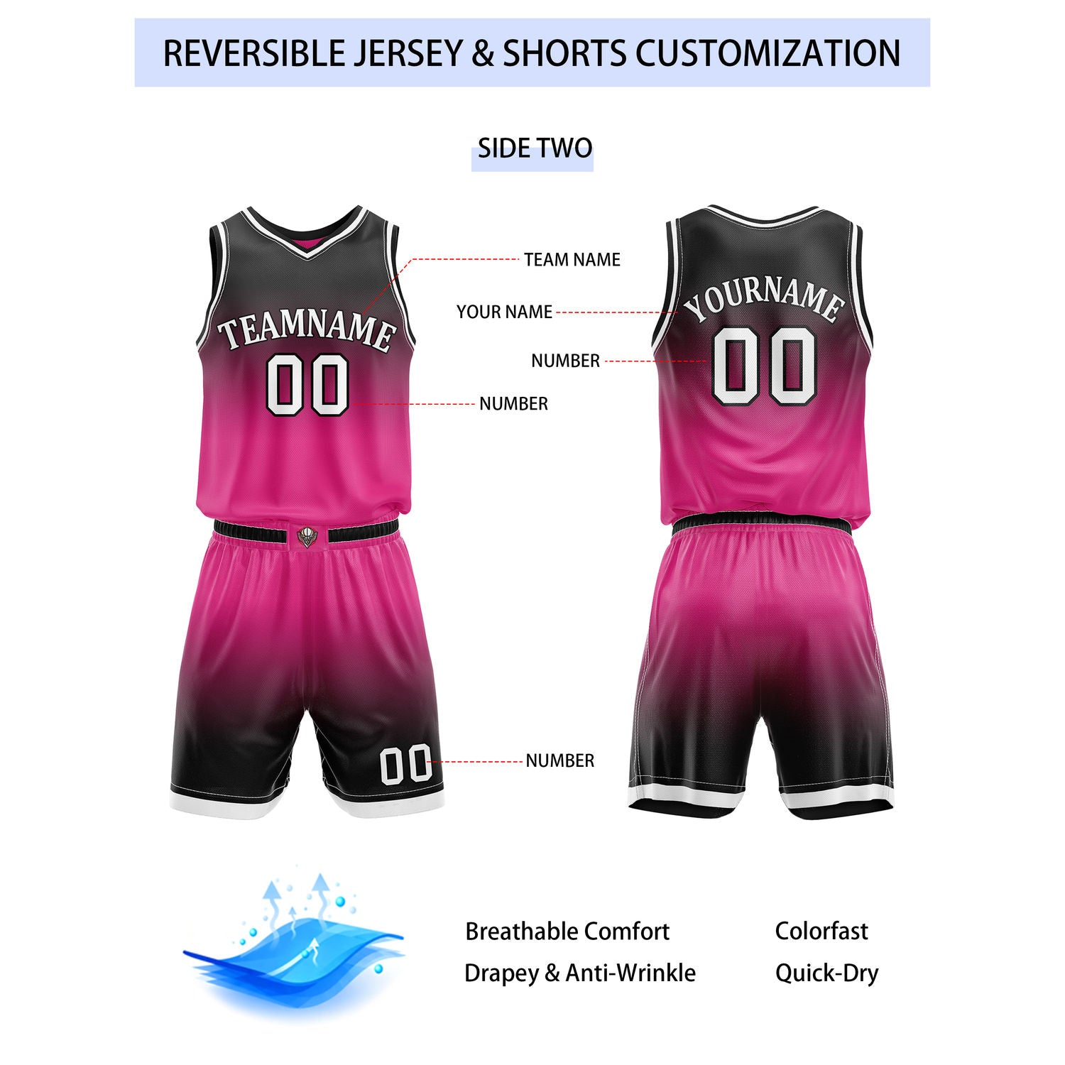Custom Reversible Pink Black Gradient Striped Basketball Uniform Set | Team & Player Name - Vosoli