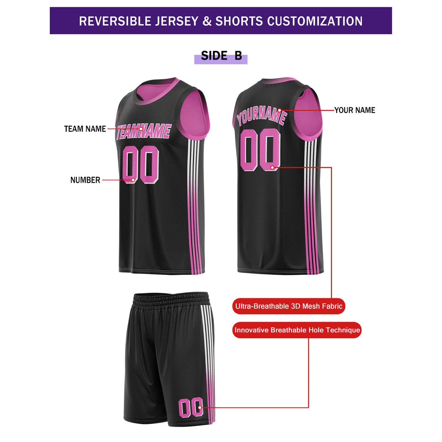 Custom Reversible Pink Black Basketball Uniform Set | Team & Player Name - Vosoli