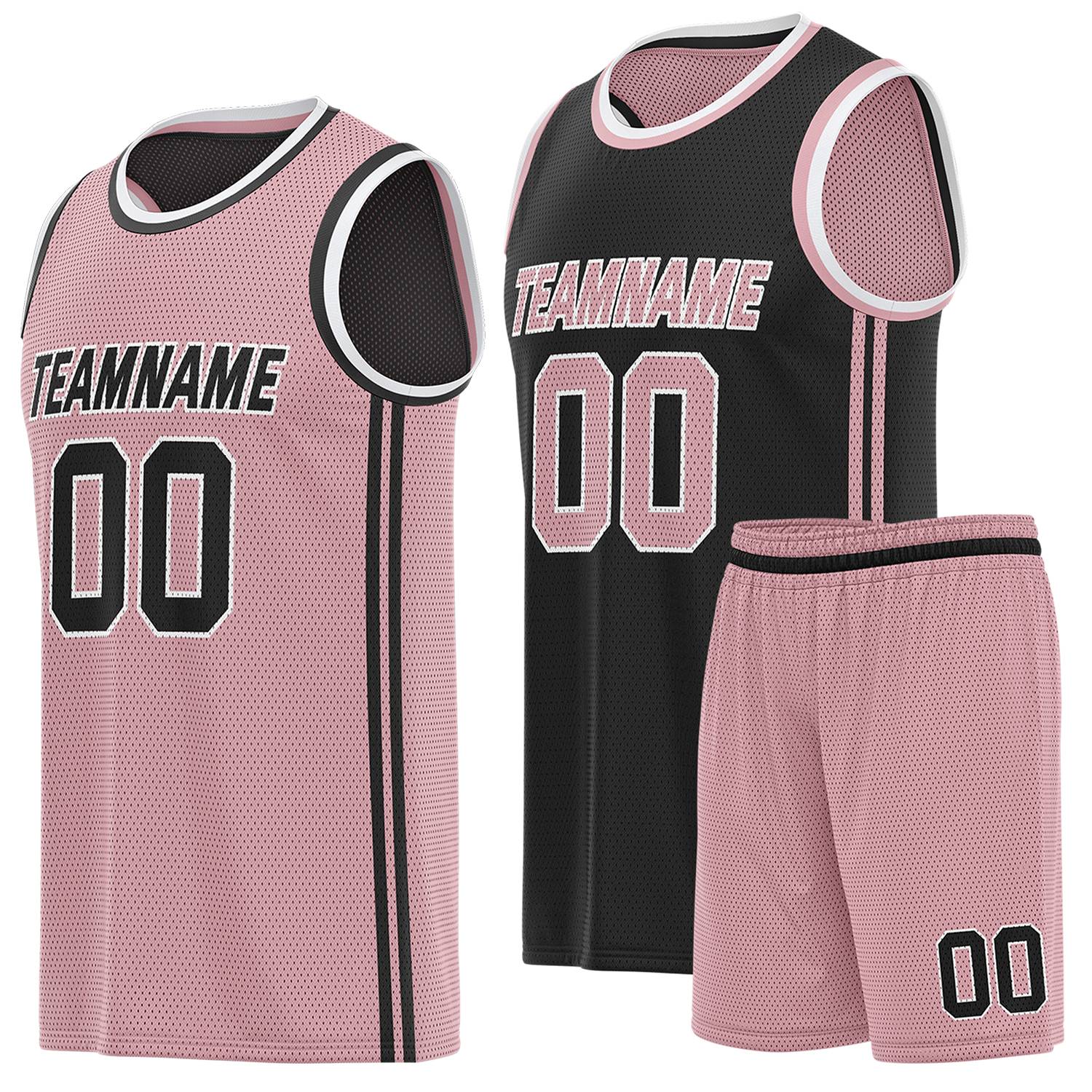 Custom reversible pink & black basketball uniform (jersey + shorts), personalized team name number logo breathable mesh sports set for men women youth game practice - Vosoli