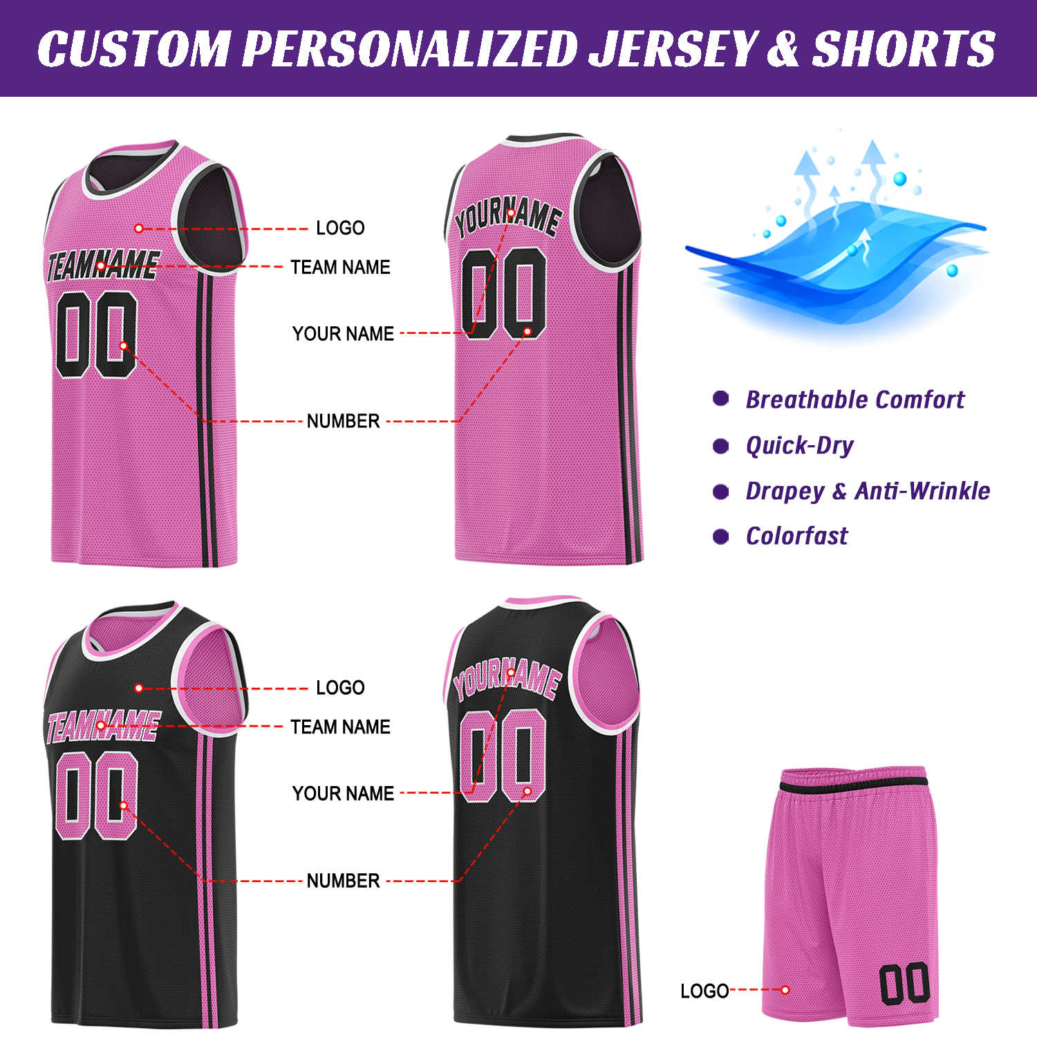 Custom Reversible Pink & Black Basketball Uniform | Jersey & Shorts Set - Vosoli