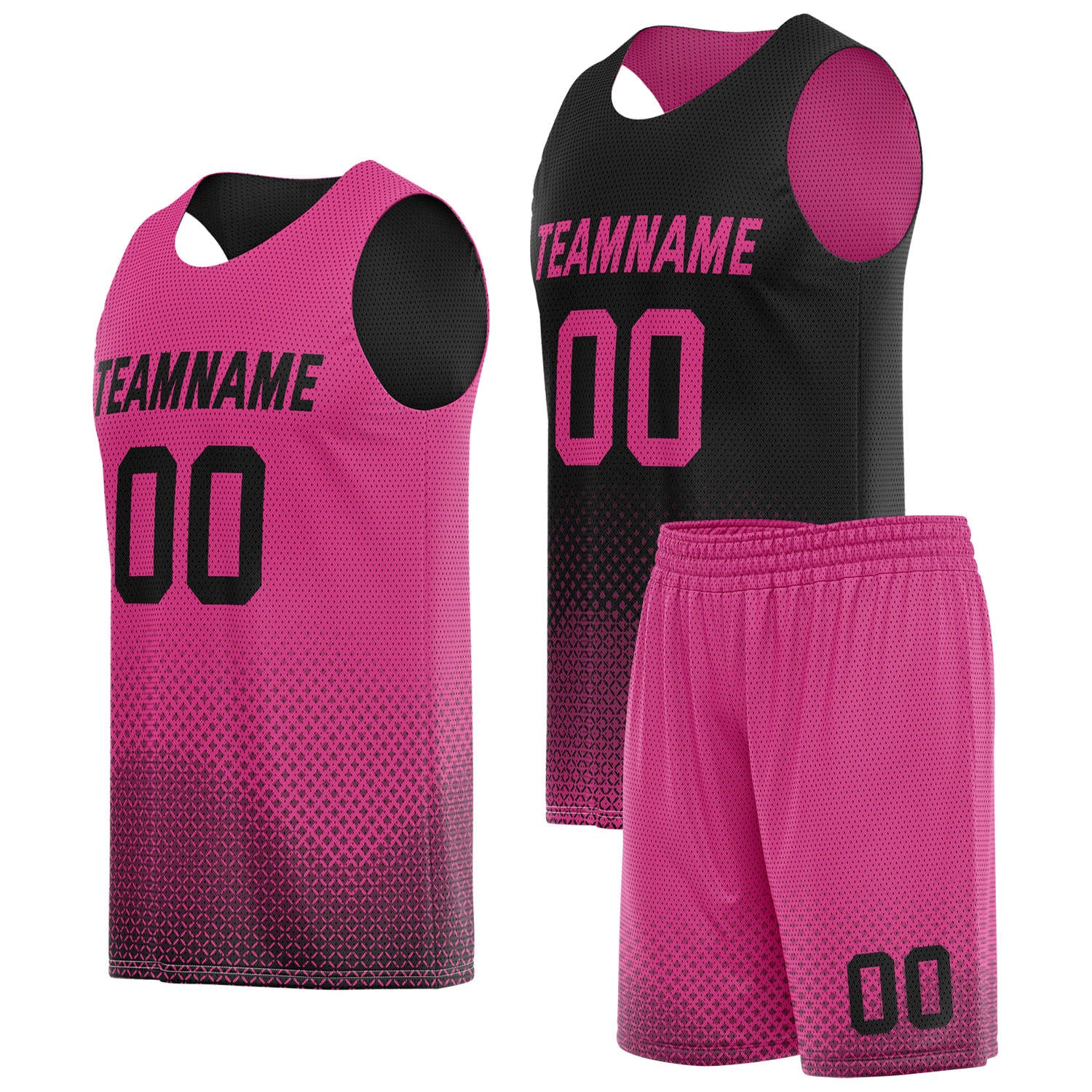 Custom reversible pink black basketball uniform, personalized team name number logo breathable Mesh sports set for men women youth game practice wear - Vosoli