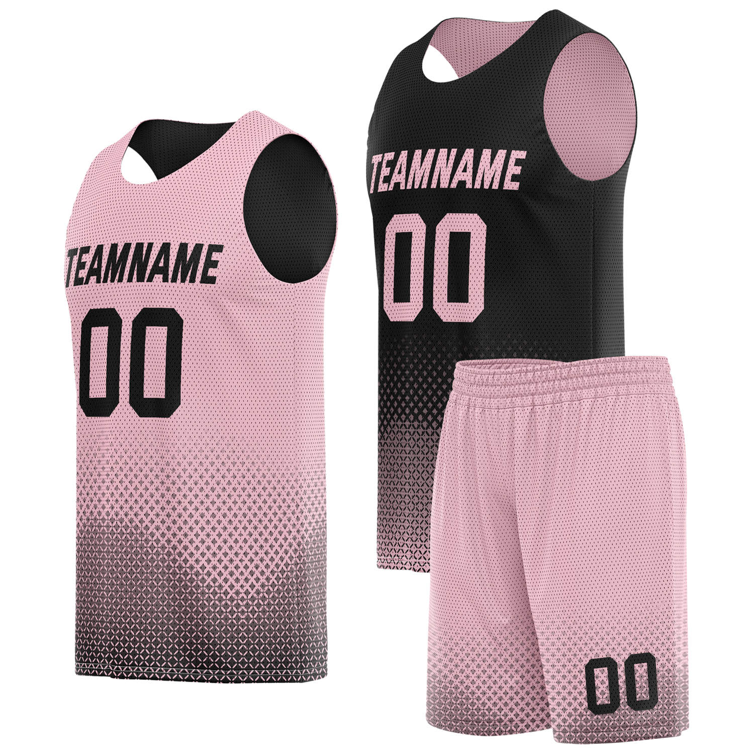 Custom reversible pink black basketball uniform, personalized team name number logo breathable Mesh sports set for men women youth game practice wear - Vosoli