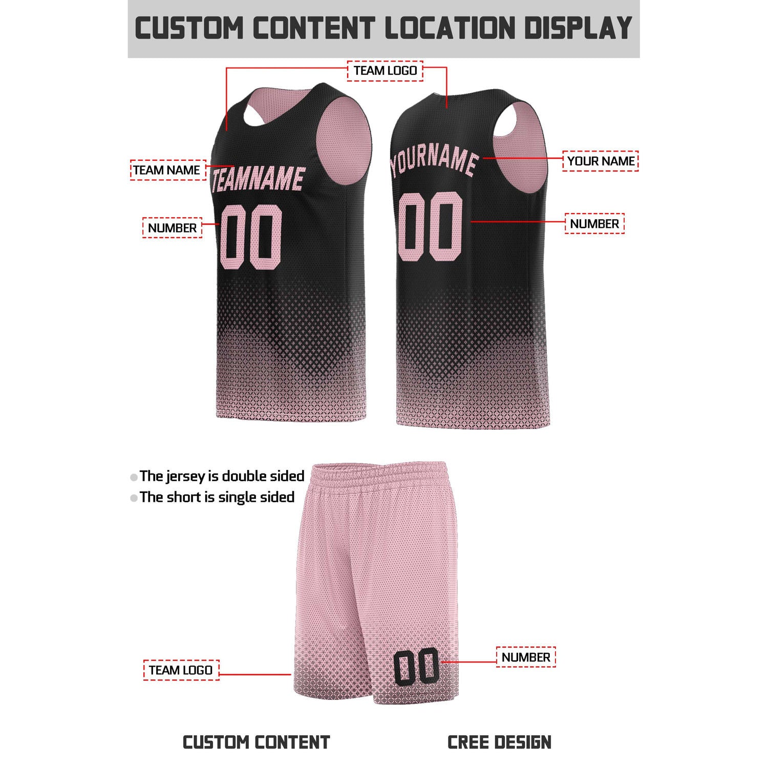 Custom Reversible Pink & Black Mesh Basketball Uniform | Personalized Team Set | Vosoli