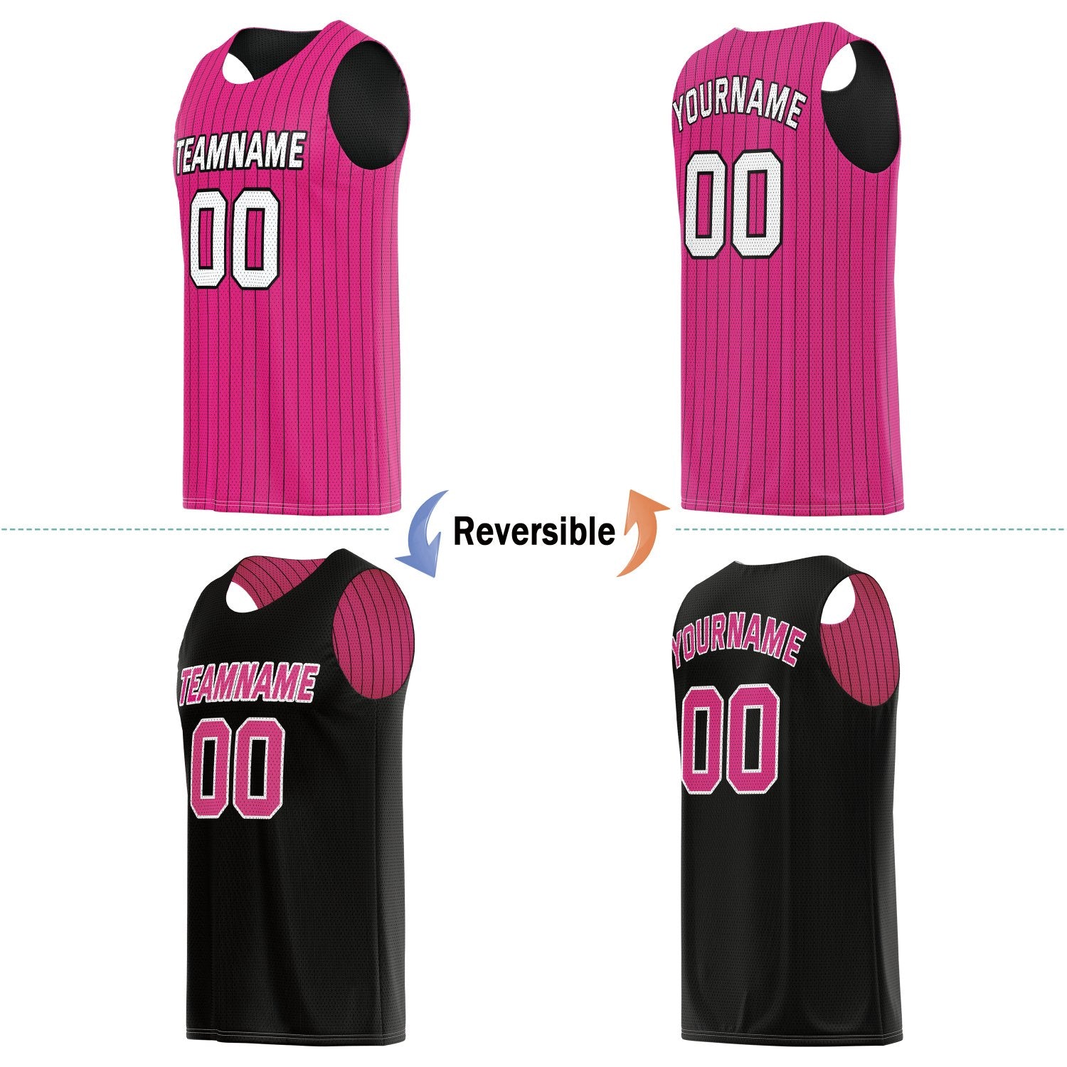Custom Reversible Pink Black Striped Basketball Jersey | Personalized Team Name, Number & LOGO | Vosoli