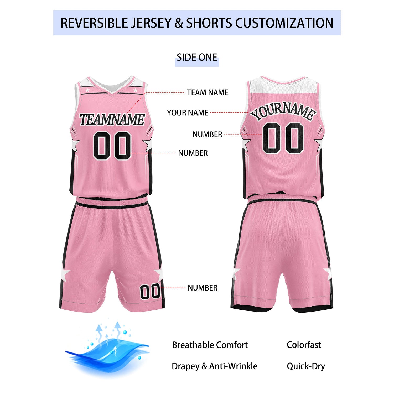 Custom Reversible Pink Black White Star Basketball Uniform Set | Team Name & Number - Vosoli