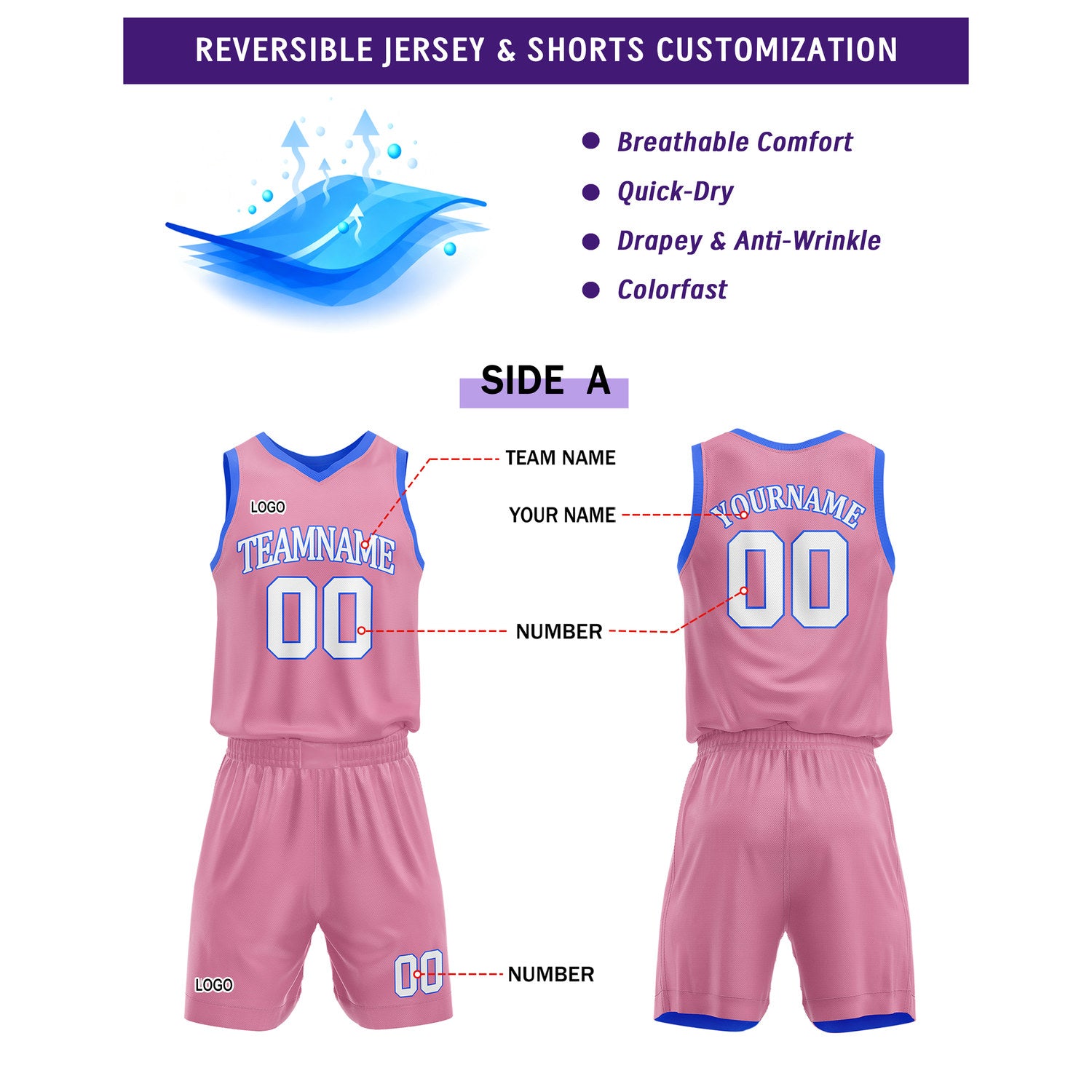 Custom Reversible Pink Blue Basketball Uniform Set | Team Name & Number - Vosoli
