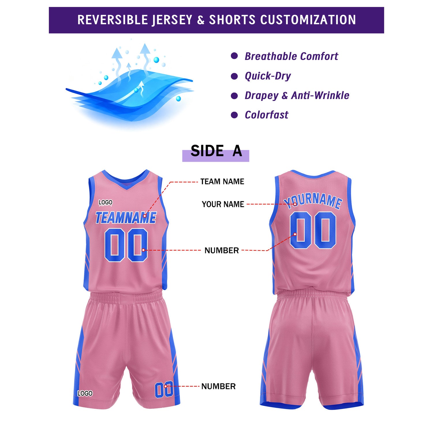 Custom Pink Blue Basketball Uniforms for Youth & Adults - Reversible Jersey Set - Vosoli