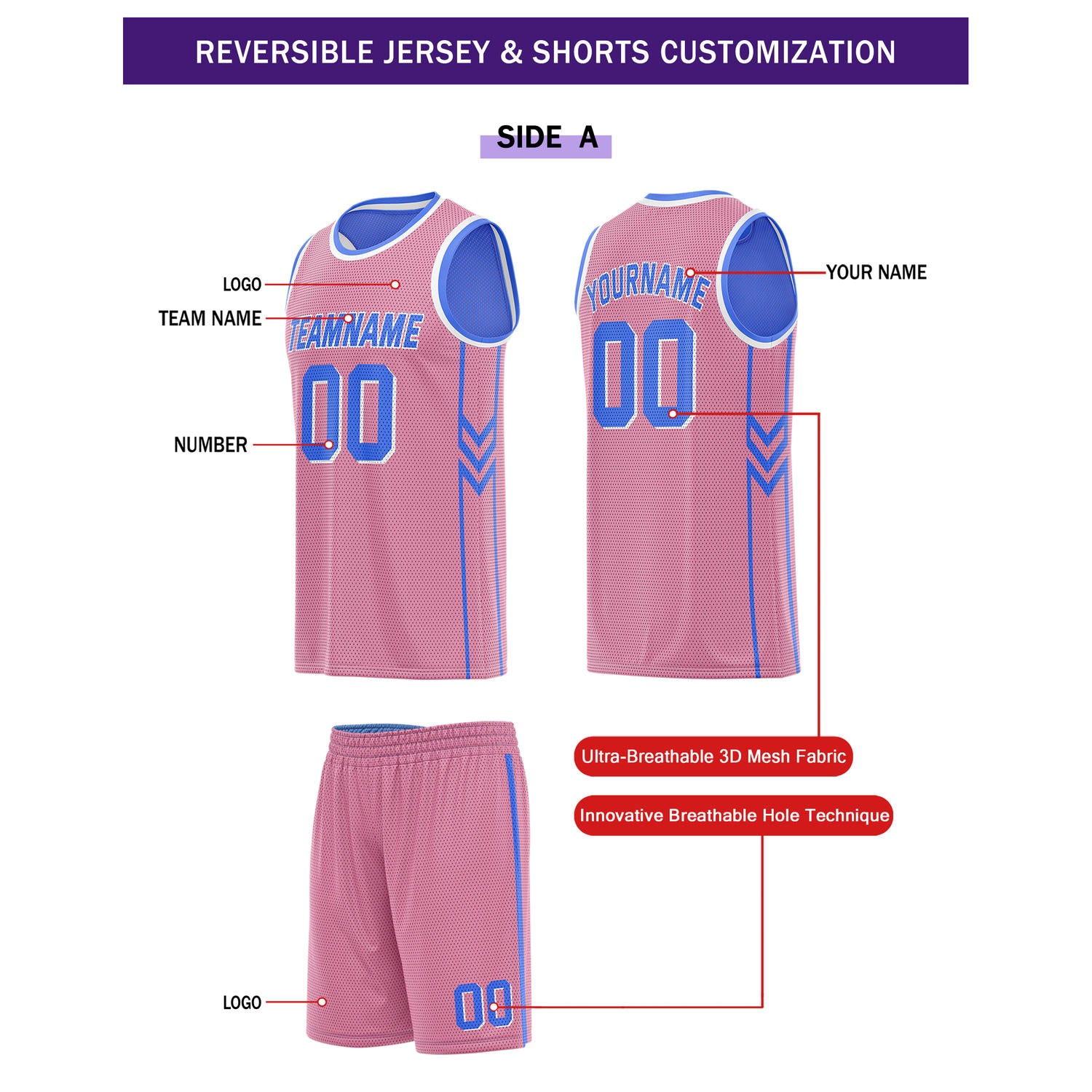 Custom Reversible Pink Blue Basketball Uniform Set | Team Name & Number - Vosoli