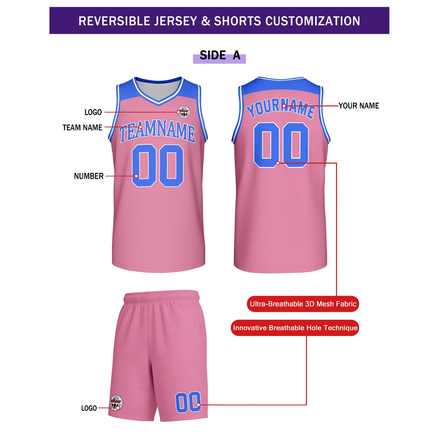 Custom Reversible Pink Blue Basketball Uniform Set | Team Name & Number - Vosoli
