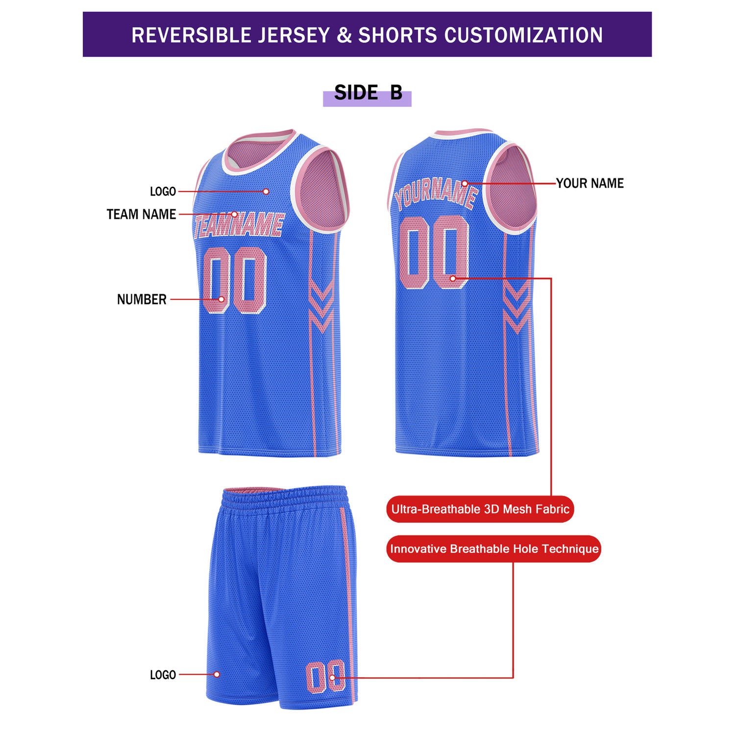 Custom Reversible Pink Blue Basketball Uniform Set | Team Name & Number - Vosoli