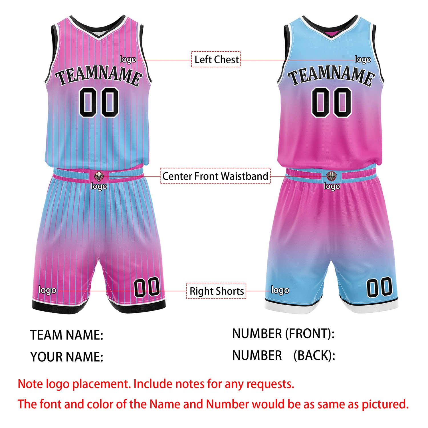 Custom Reversible Pink Blue Gradient Striped Basketball Uniform Set | Team & Player Name - Vosoli