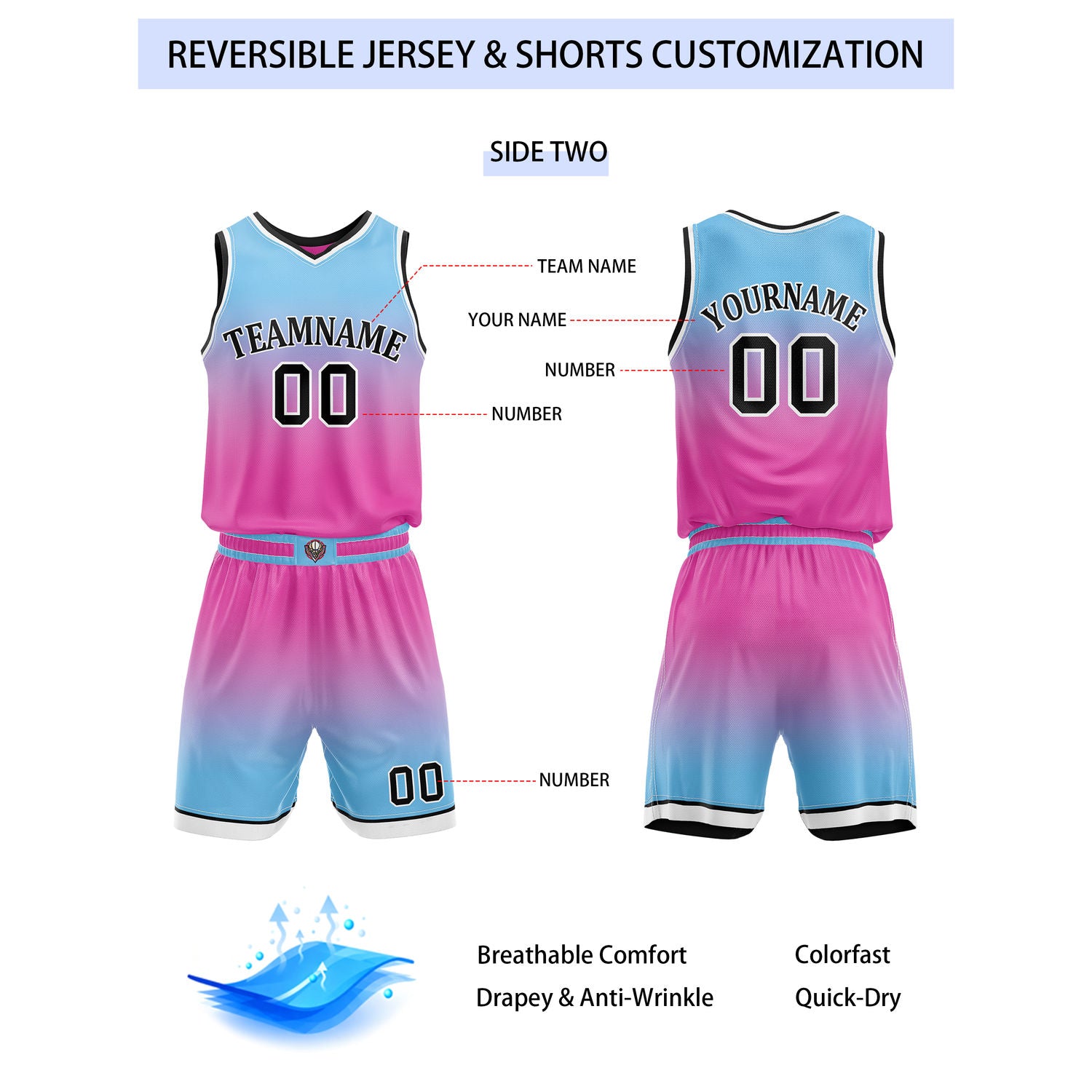 Custom Reversible Pink Blue Gradient Striped Basketball Uniform Set | Team & Player Name - Vosoli
