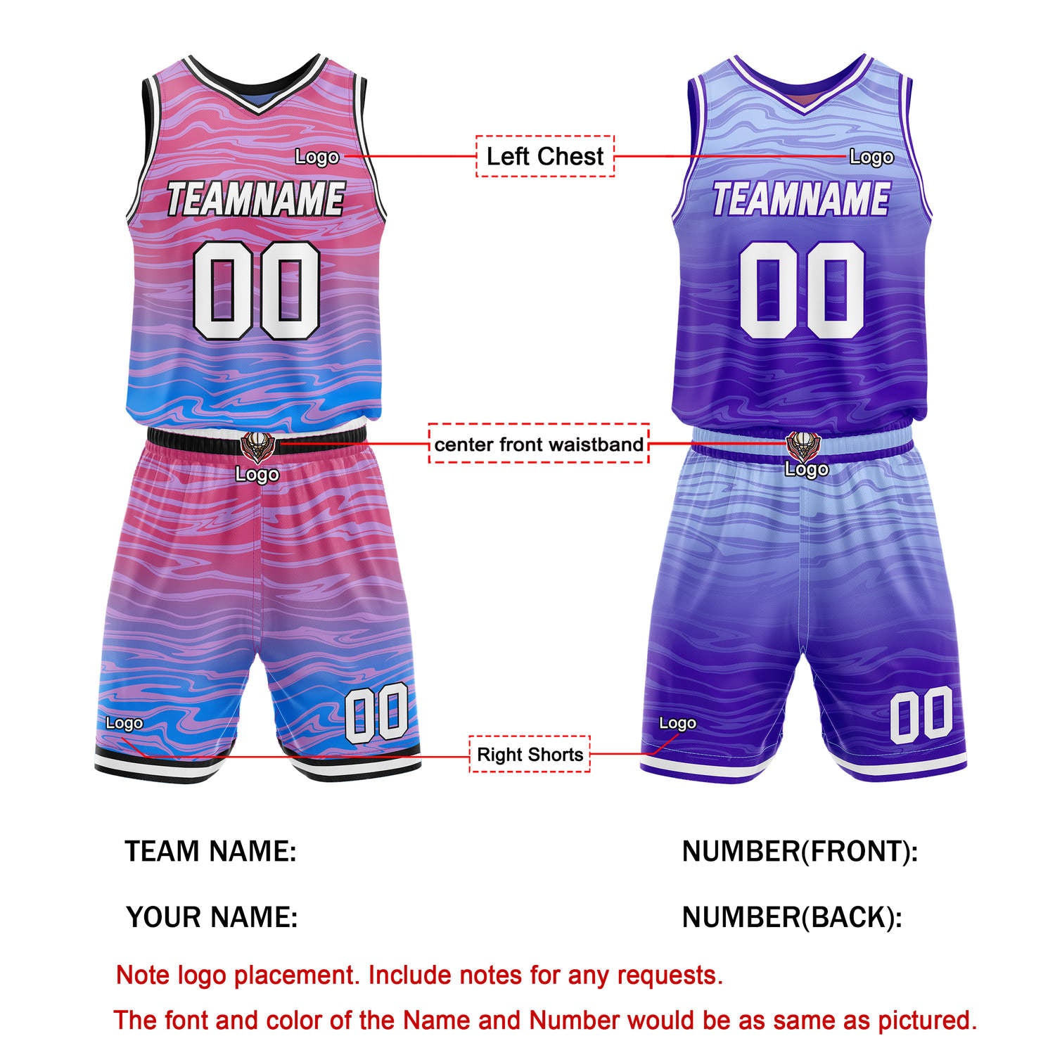 Custom Reversible Pink-Blue & Purple-Gradient Basketball Jersey Set - Personalized Team Name, Number & LOGO | Vosoli