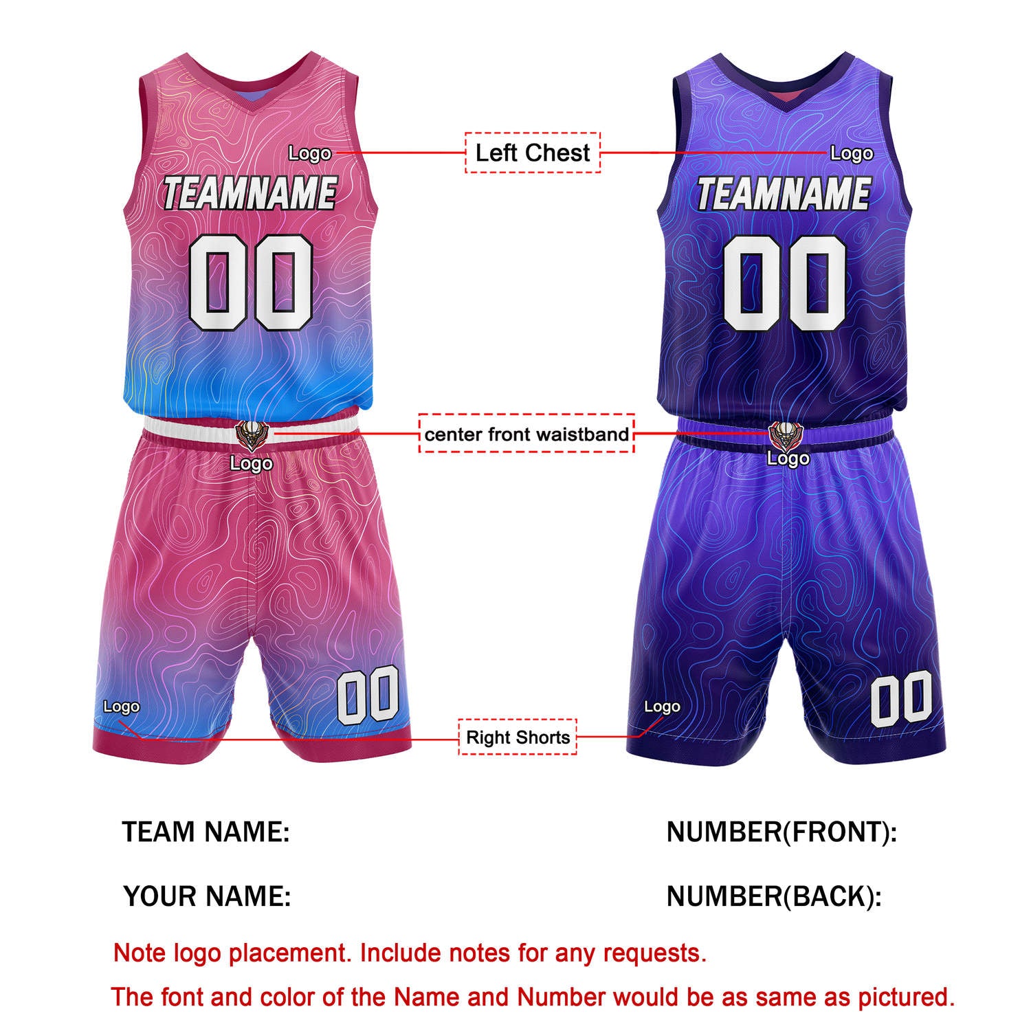 Custom Reversible Pink-Blue & Purple Wave Basketball Jersey Set - Personalized Team Name, Number & LOGO | Vosoli