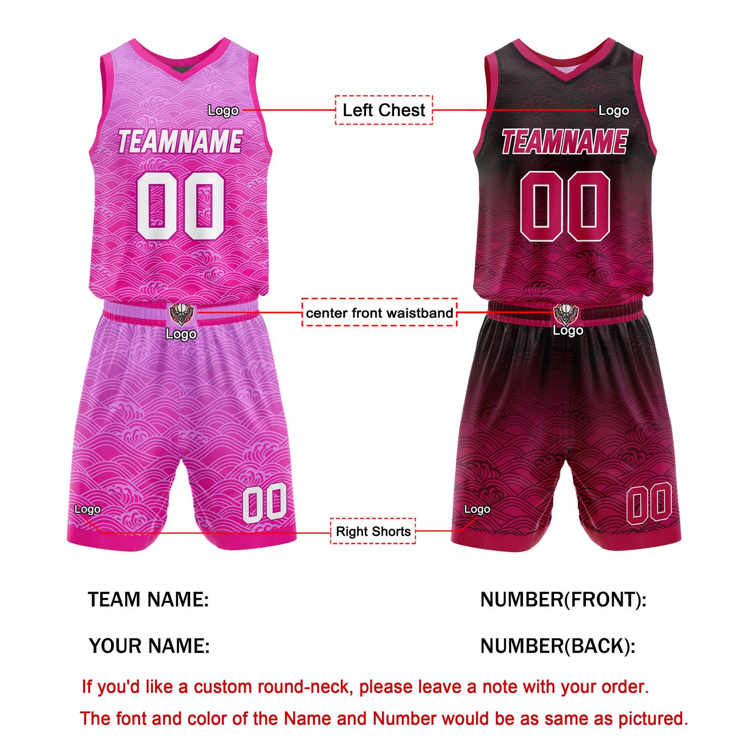 Custom Reversible Basketball Jersey + Shorts Set (Pink Gradient Wave Pattern) - Personalized Team Name, Number & LOGO | Vosoli