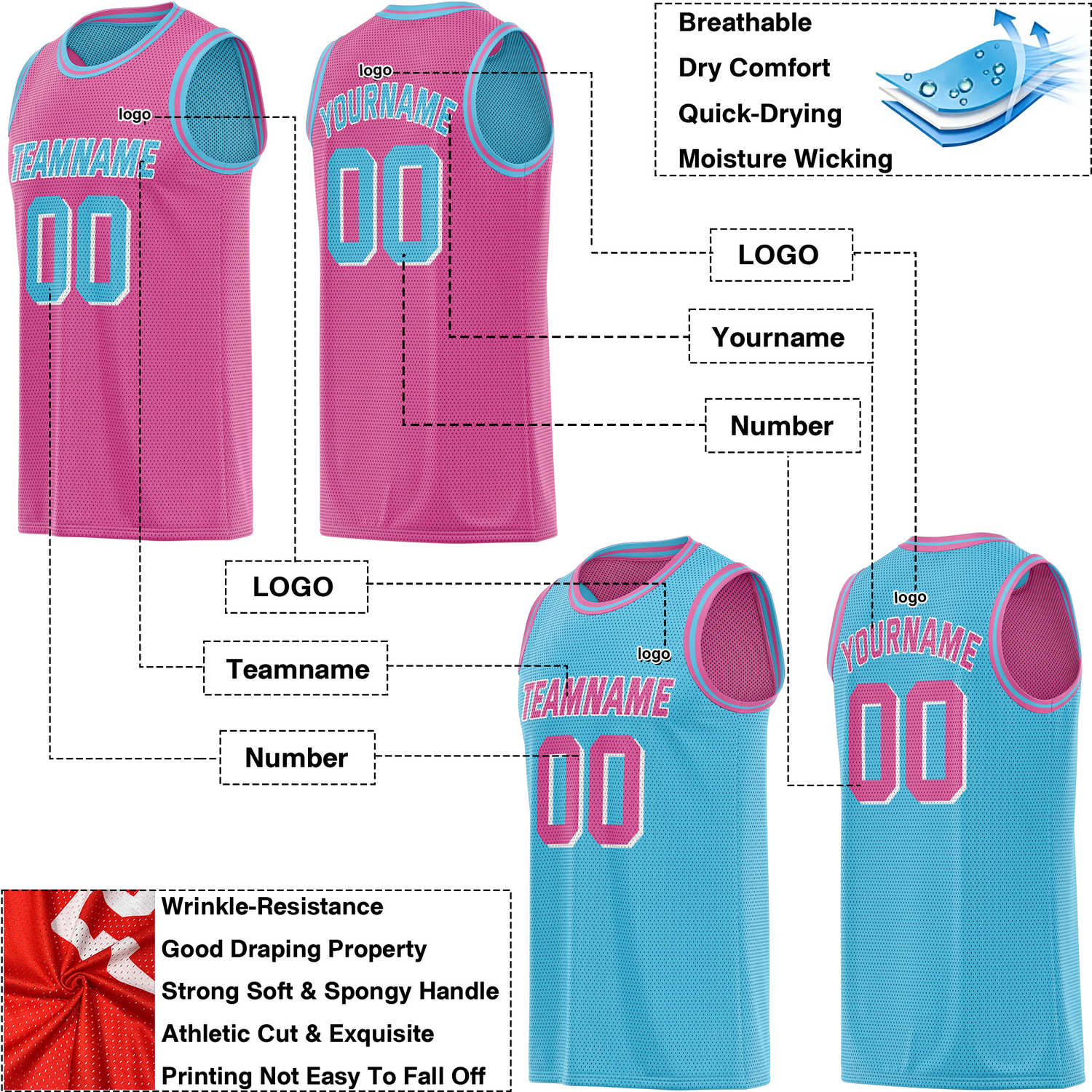 Custom Reversible Pink & Light Blue Mesh Basketball Jersey | Personalized Team Jersey | Vosoli