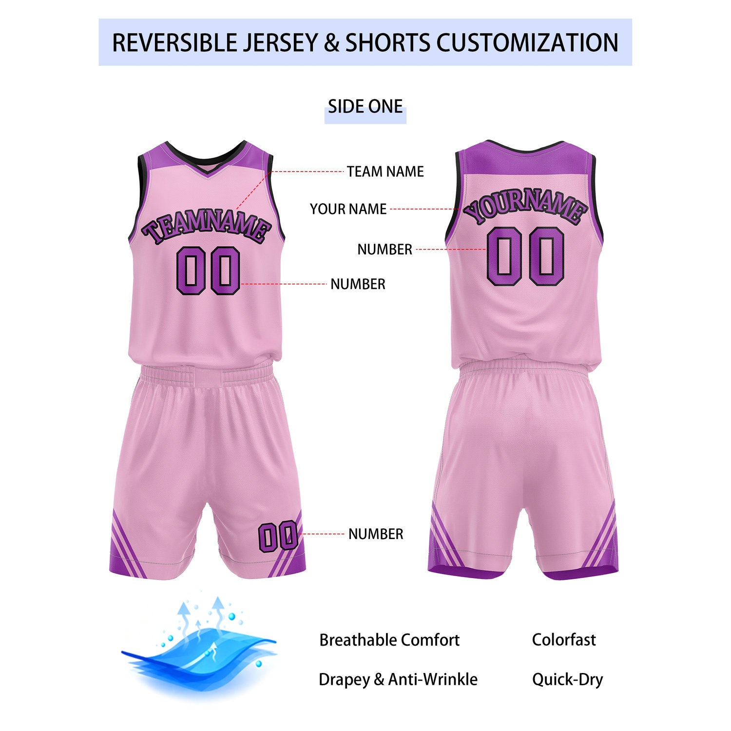 Custom Reversible Pink Purple Basketball Uniform Set | Team Name & Number - Vosoli