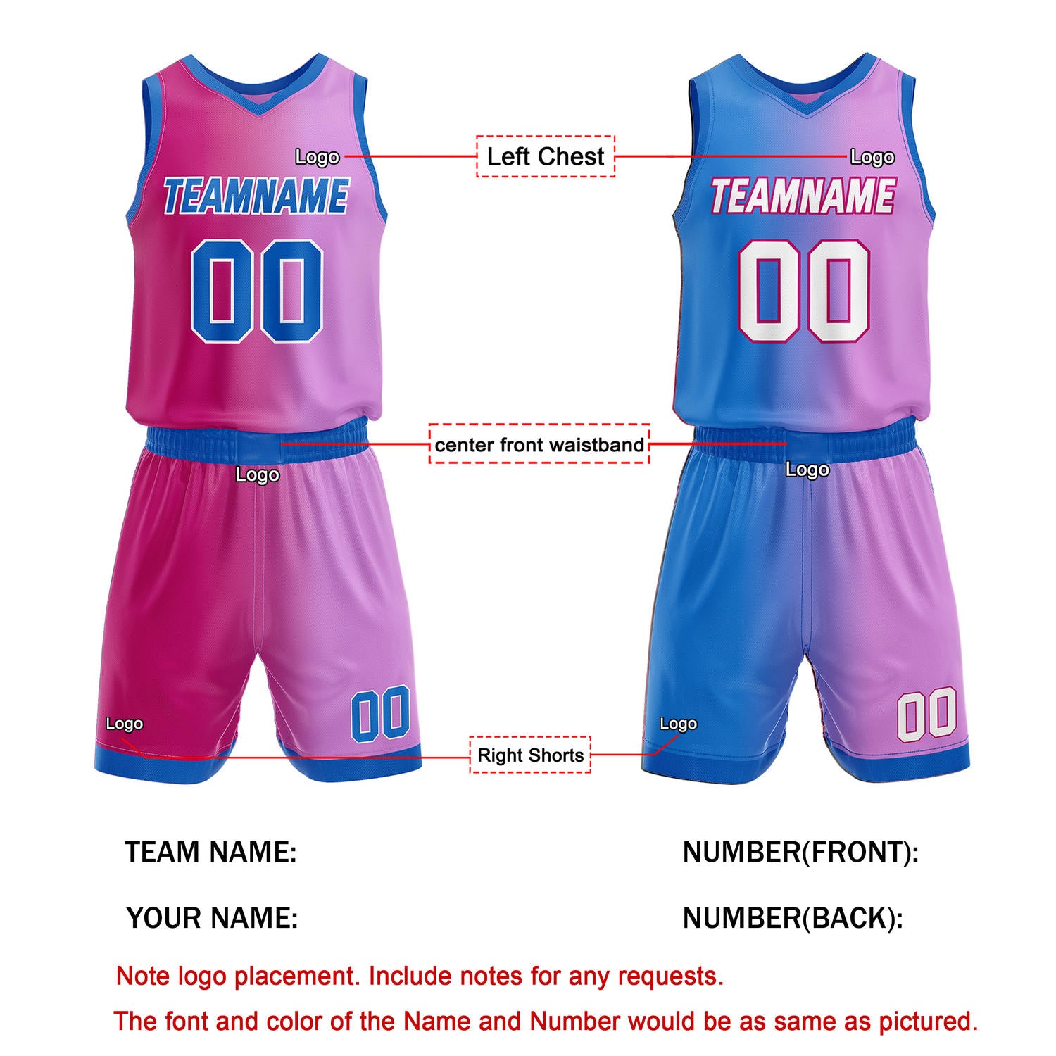 Custom Reversible Pink Purple Blue Basketball Uniform Set | Team & Player Name - Vosoli