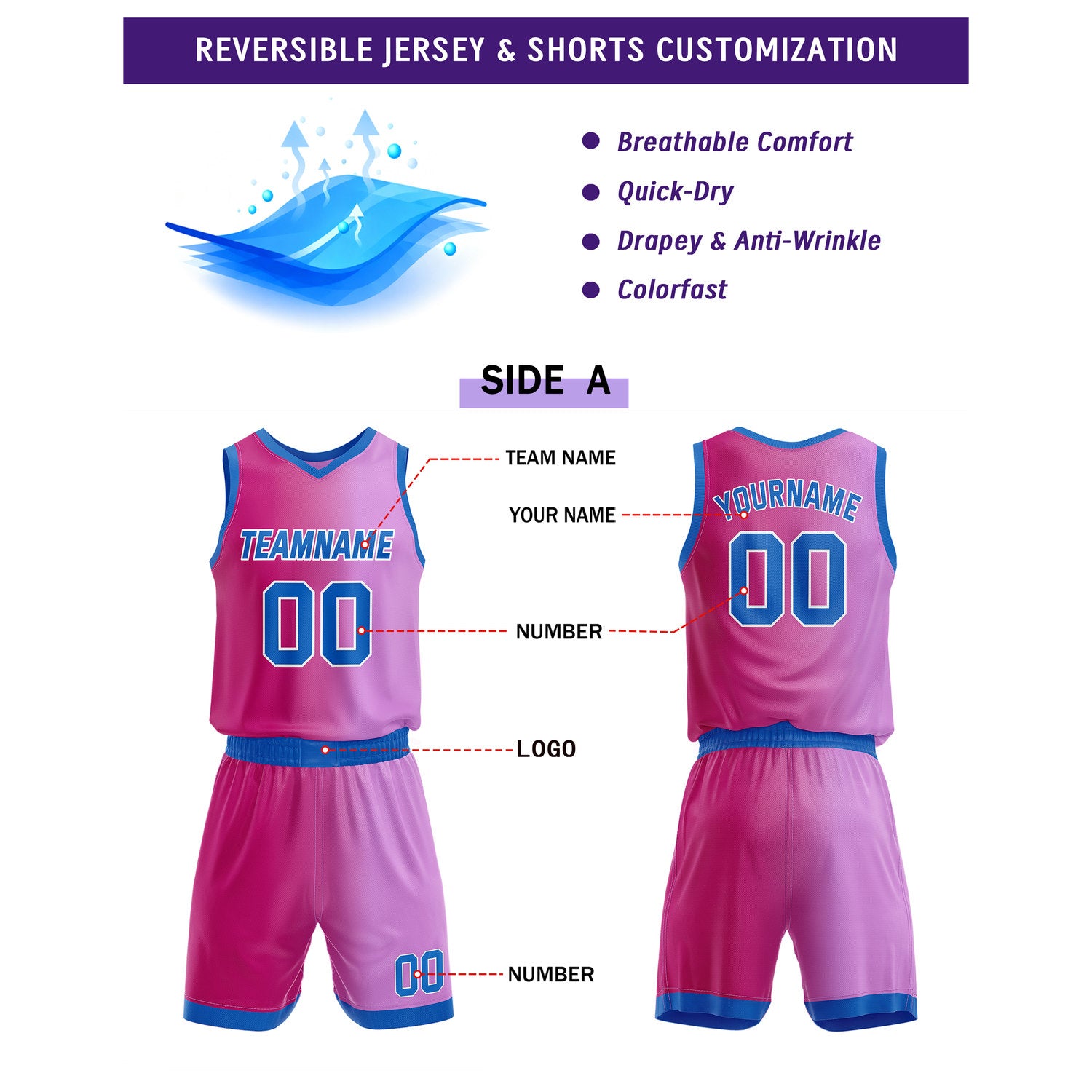 Custom Reversible Pink Purple Blue Basketball Uniform Set | Team & Player Name - Vosoli