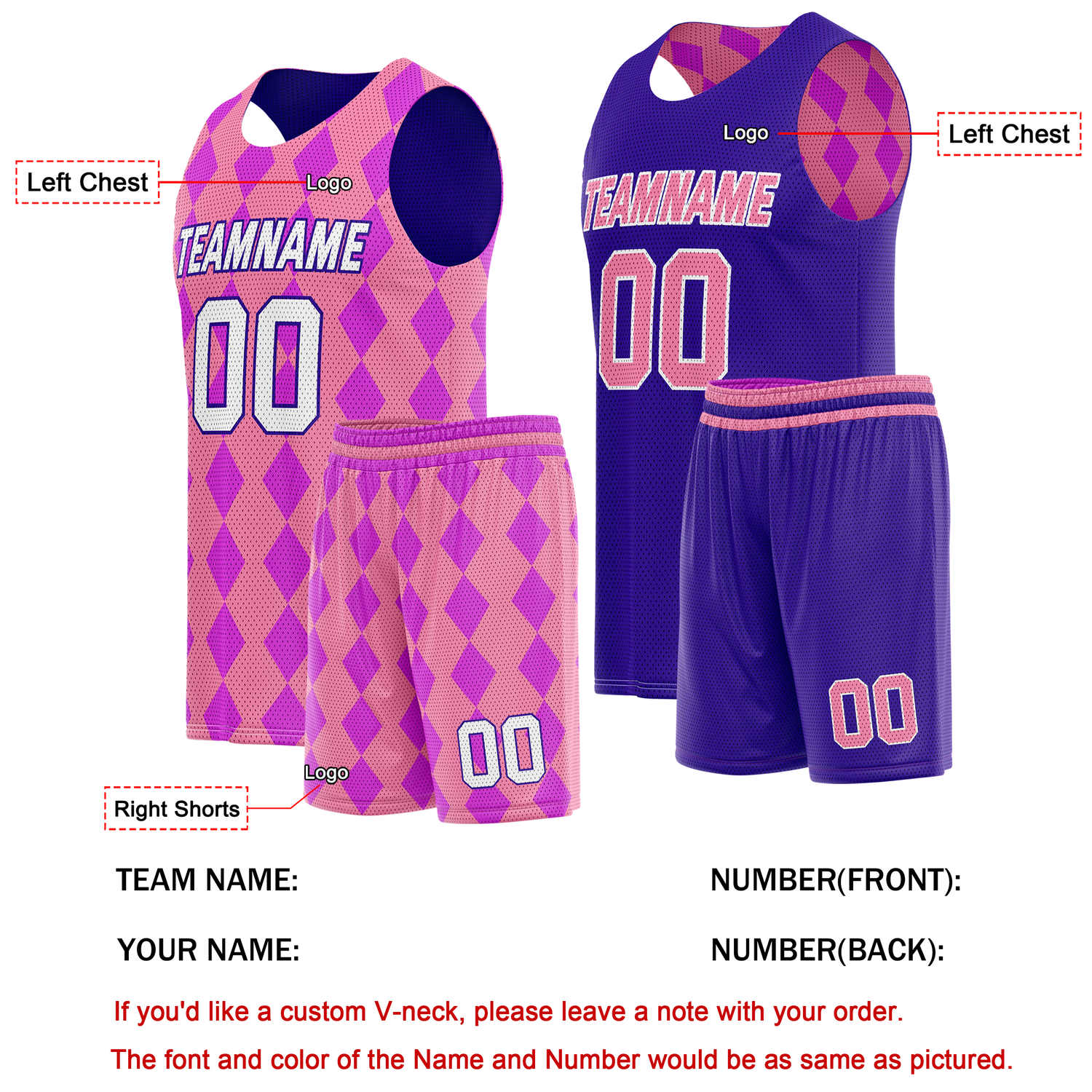 Custom Reversible Basketball Jersey + Shorts Set (Pink & Purple) - Personalized Team Name, Number & LOGO | Vosoli