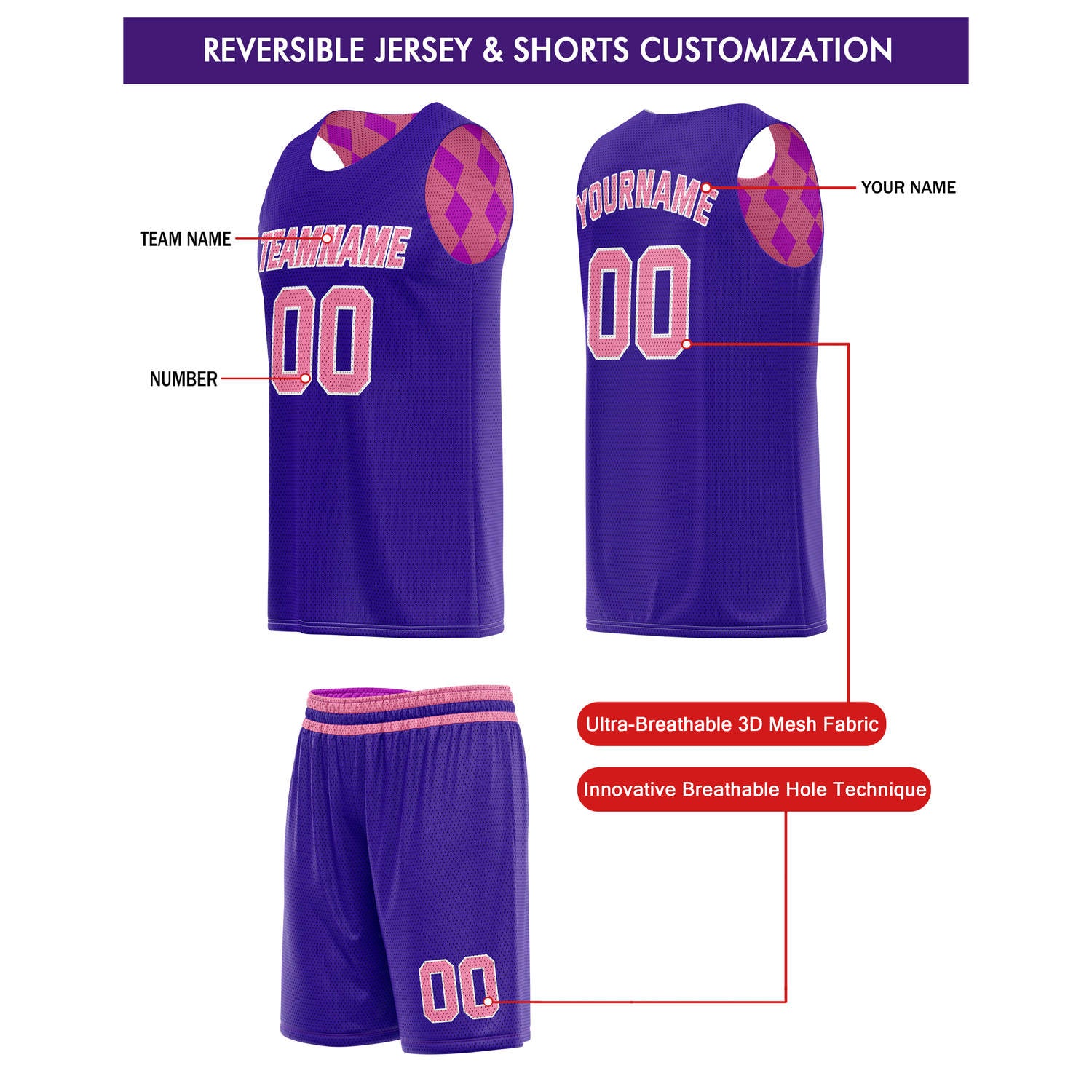 Custom Reversible Basketball Jersey + Shorts Set (Pink & Purple) - Personalized Team Name, Number & LOGO | Vosoli