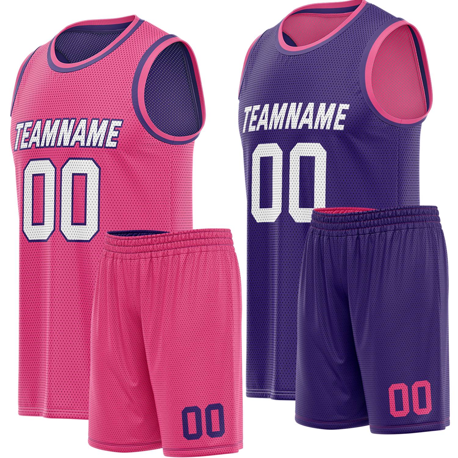 Custom reversible pink & purple basketball uniform, personalized team name number Logo breathable Mesh sports set for men women youth Adult game practice - Vosoli