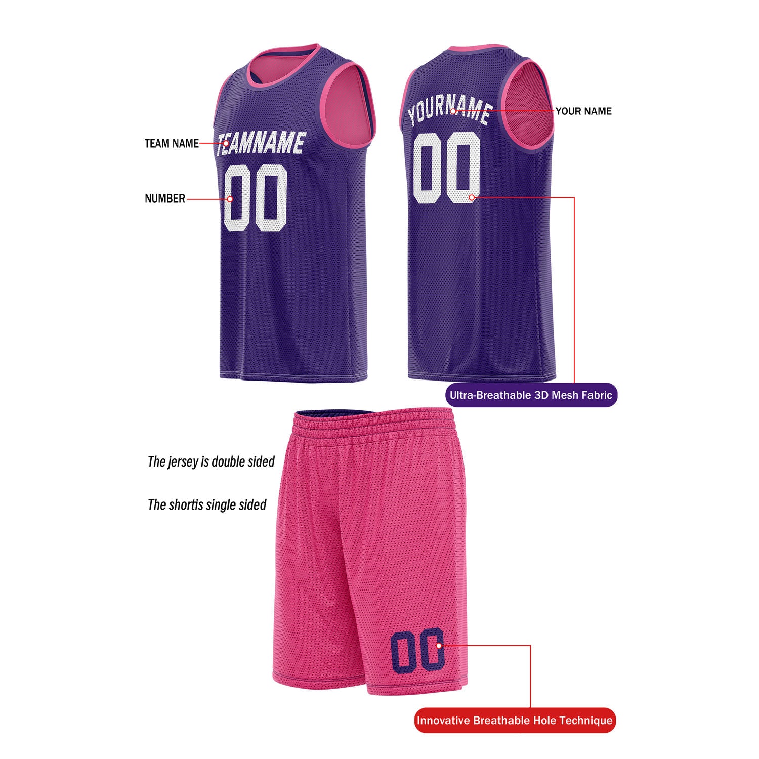 Custom Reversible Pink & Purple Basketball Uniform (Jersey + Shorts) | Personalized Team Set | Vosoli