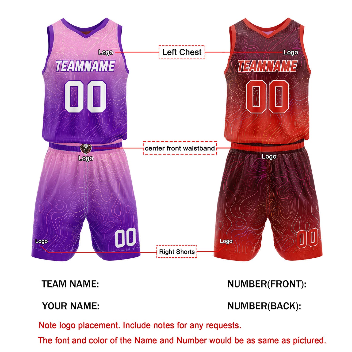 Custom Reversible Pink-Purple & Red Gradient Wave Basketball Jersey Set - Personalized Team Name, Number & LOGO | Vosoli