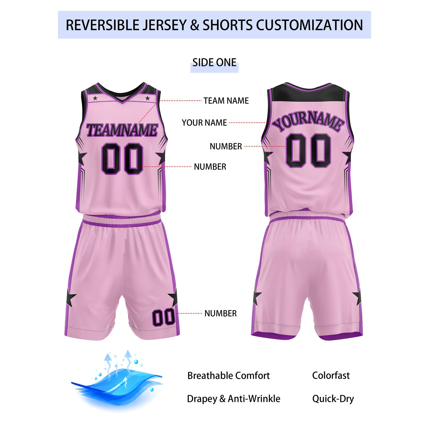 Custom Reversible Pink Purple Star Basketball Uniform Set | Team Name & Number - Vosoli