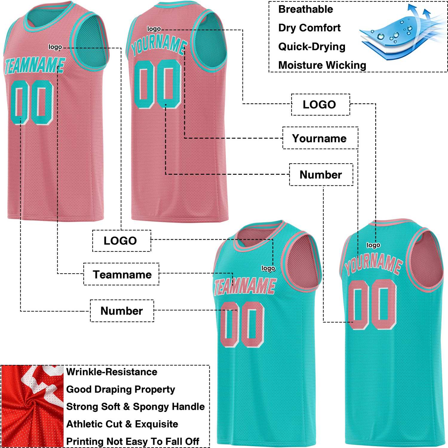 Custom Reversible Pink & Teal Mesh Basketball Jersey | Personalized Team Jersey | Vosoli
