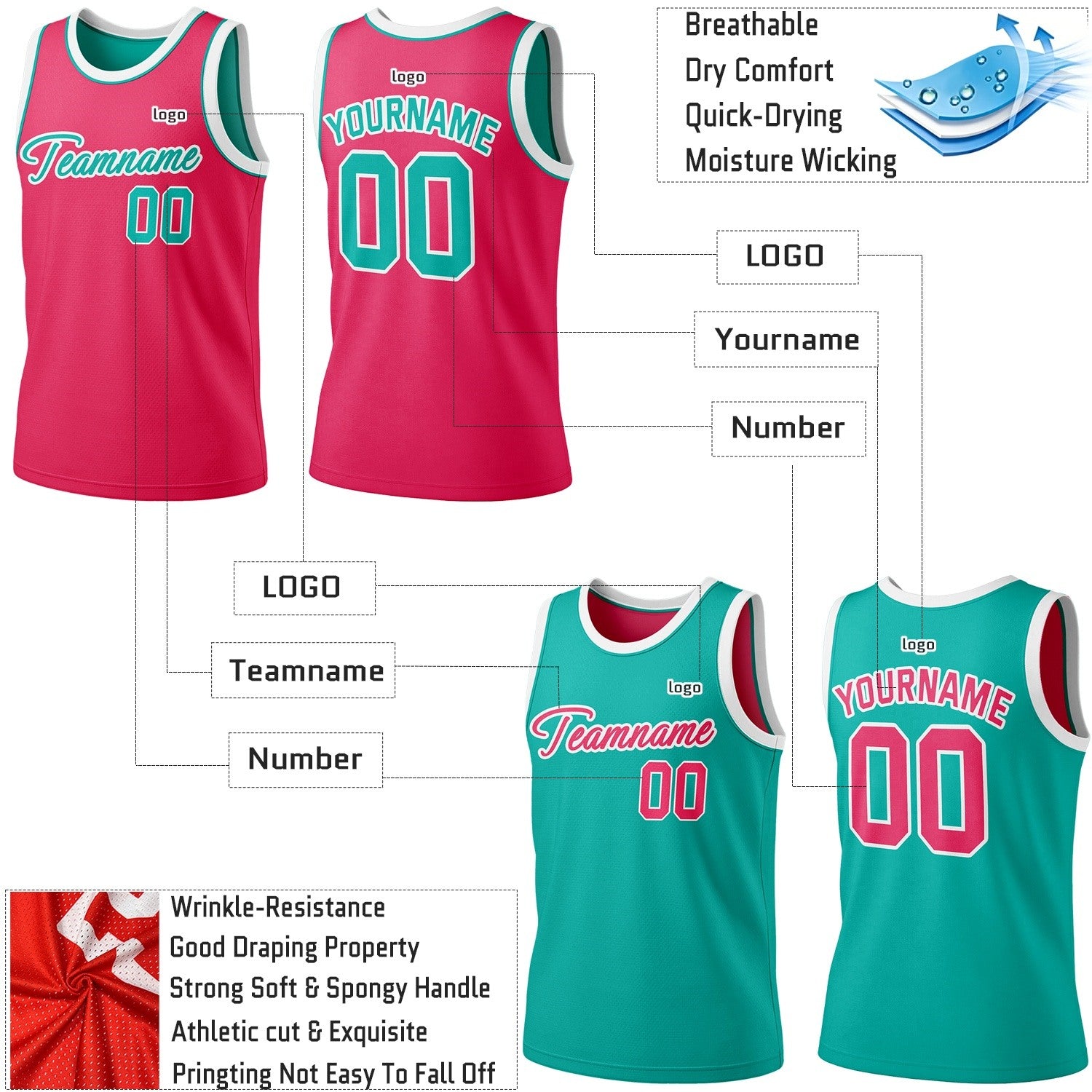 Custom Reversible Pink & Teal Basketball Jersey | Personalized Team Jersey | Vosoli